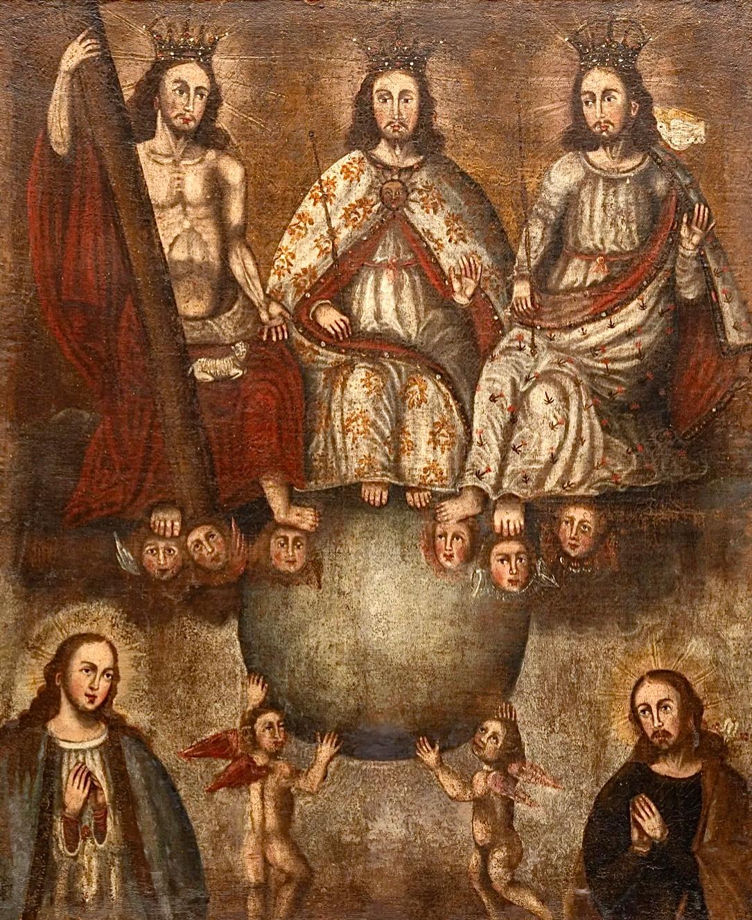 Pintura colonial española al óleo sobre lienzo del siglo XVIII, La Santa Trinidad. La pintura representa a Dios Padre, Dios Hijo (Jesucristo) y Dios Espíritu Santo en sentido figurado. La pintura muestra tres figuras vestidas con trajes