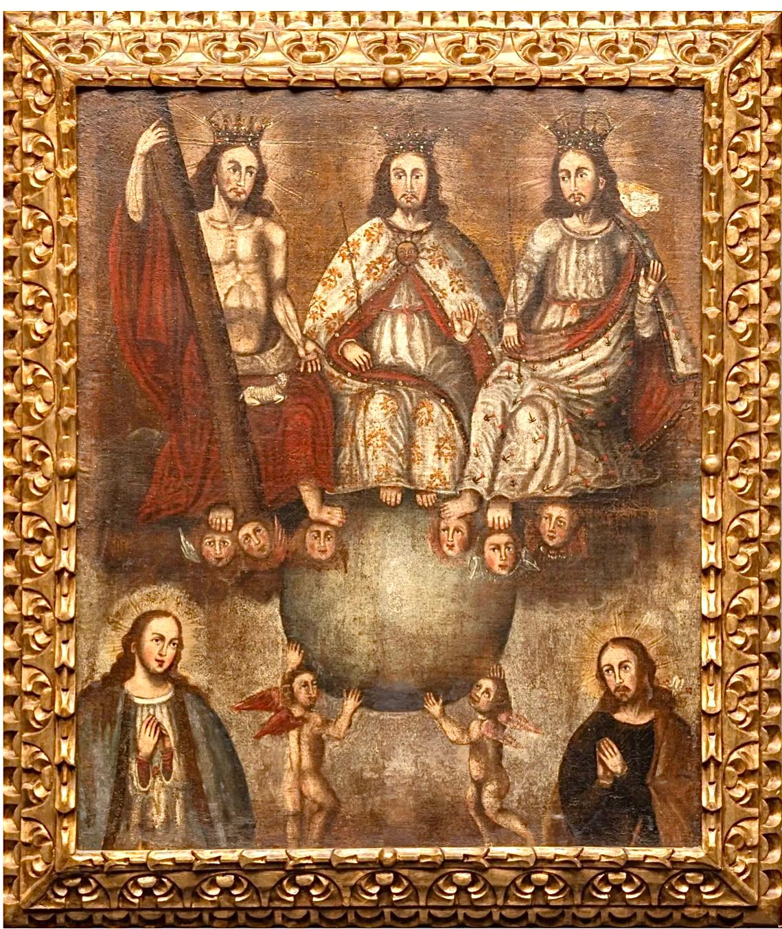 Pintura al Óleo de la Escuela Cusqueña Colonial Española, La Santa Trinidad siglo XVIII y antes en venta