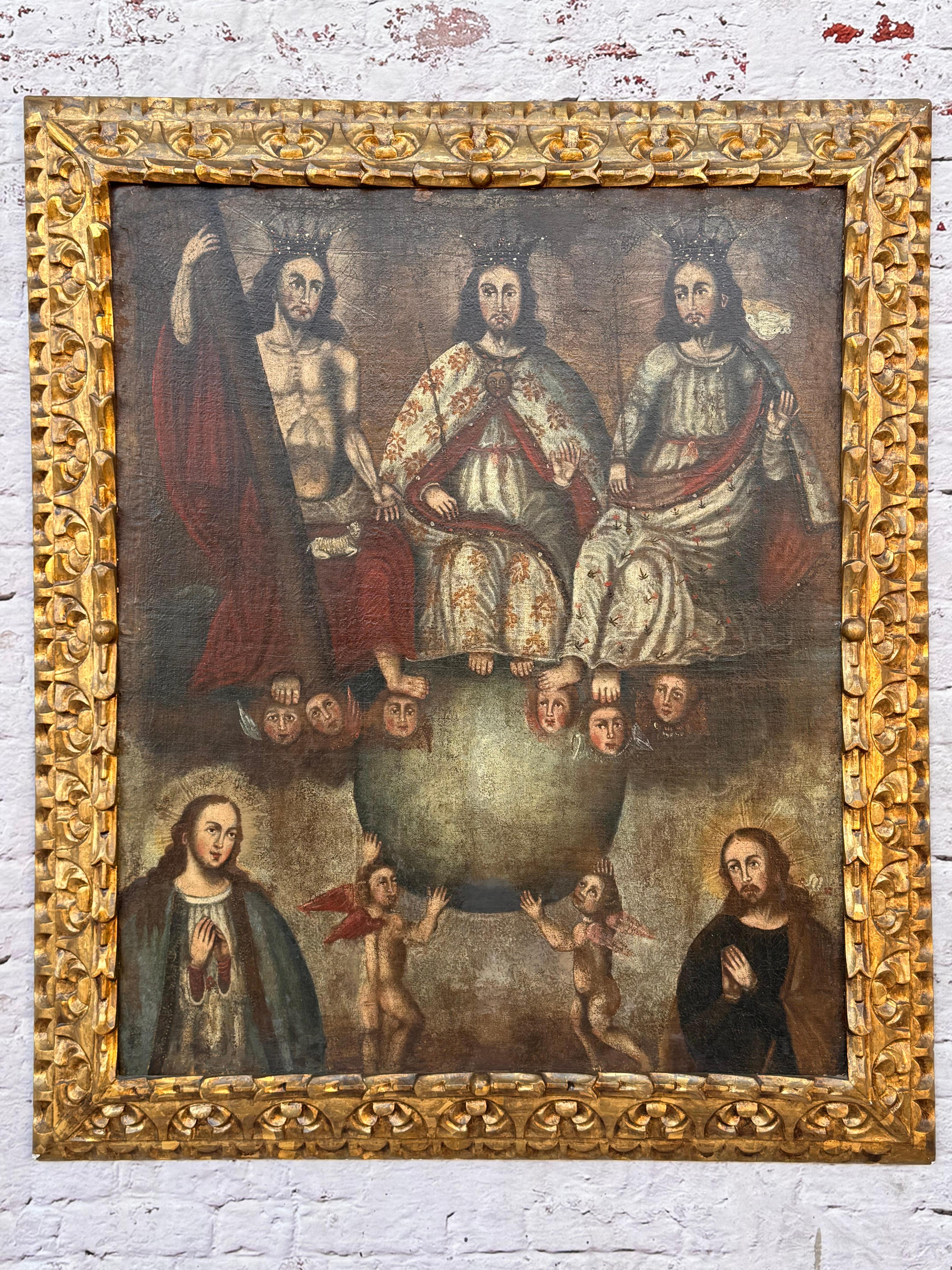 Pintura al Óleo de la Escuela Cusqueña Colonial Española, La Santa Trinidad Lienzo en venta