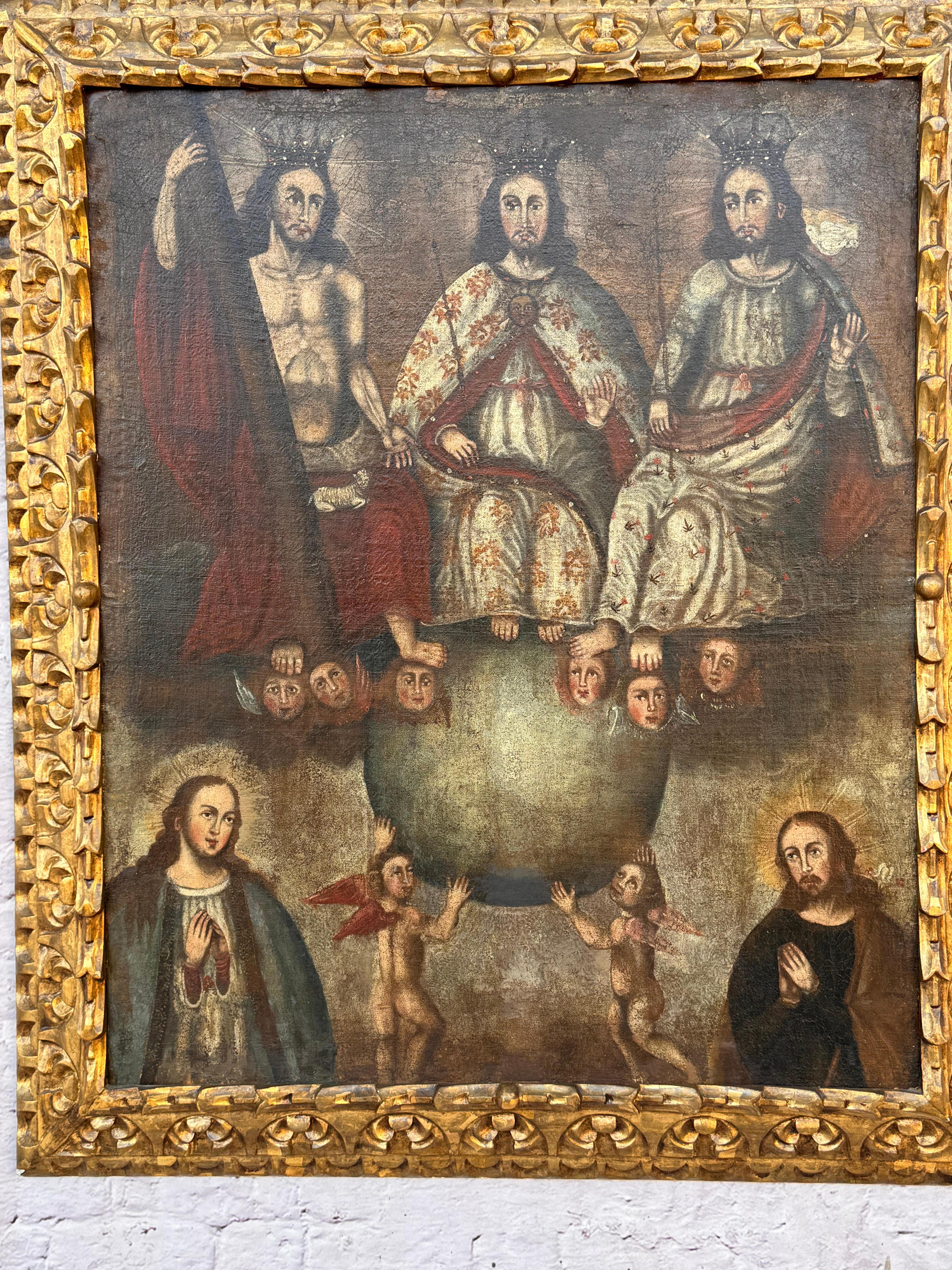Pintura al Óleo de la Escuela Cusqueña Colonial Española, La Santa Trinidad en venta 1