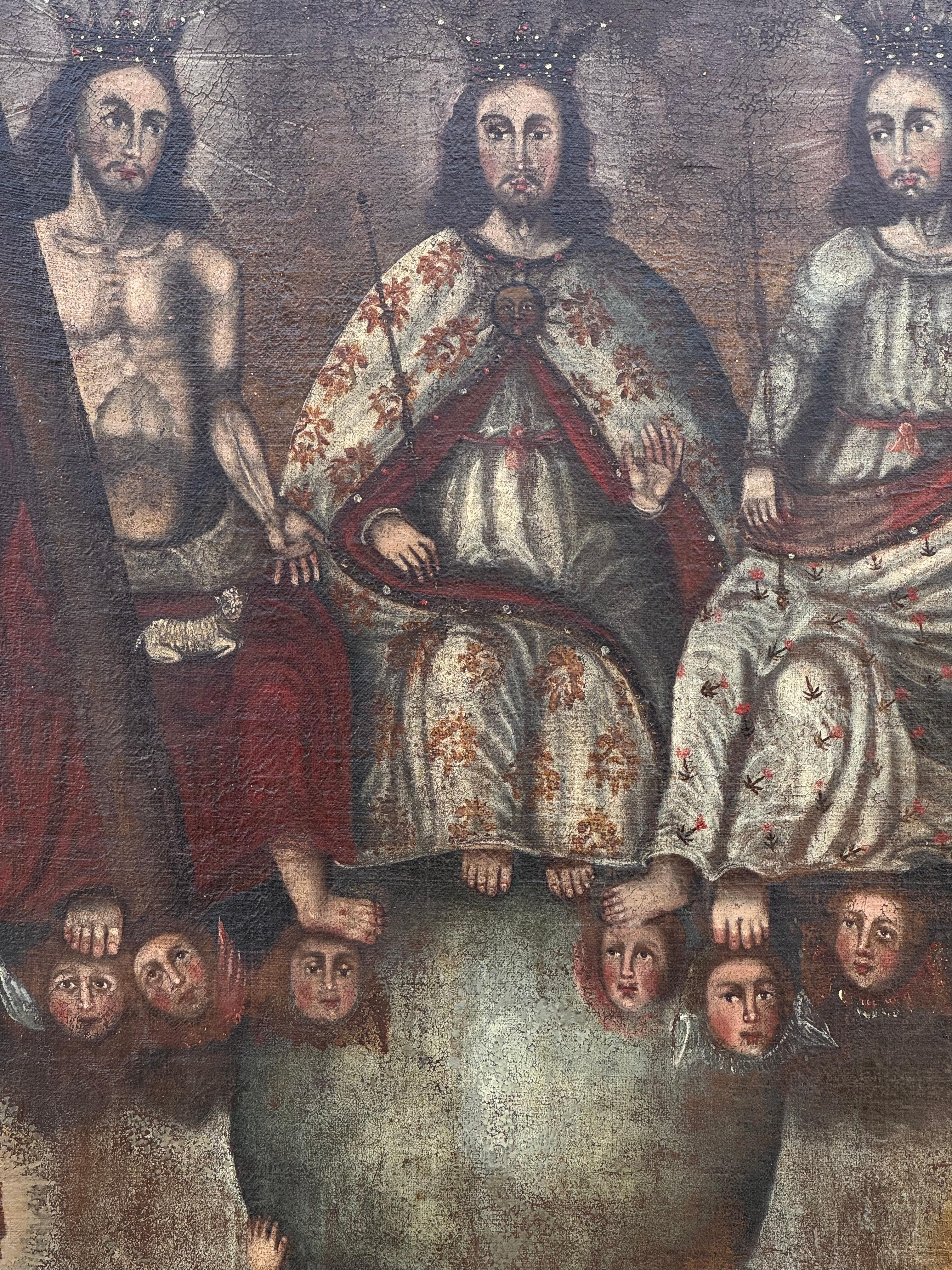 Pintura al Óleo de la Escuela Cusqueña Colonial Española, La Santa Trinidad en venta 2