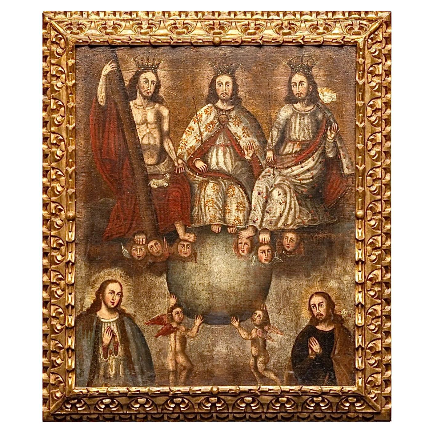 Pintura al Óleo de la Escuela Cusqueña Colonial Española, La Santa Trinidad en venta