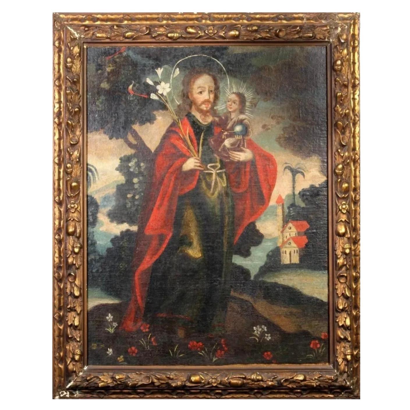 18th century oil on canvas, St. Joseph with Christ child. 
The unidentified artist who painted this bucolic scene, dominated by the figure of the sixteenth-century Portuguese monk Saint John of God holding the infant Christ, was part of a
