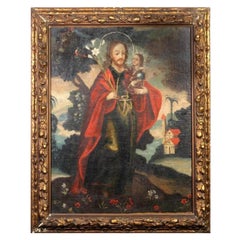 Spanish Colonial Cuzco School 18th C. Oil on Canvas St. Joseph with Christ Child