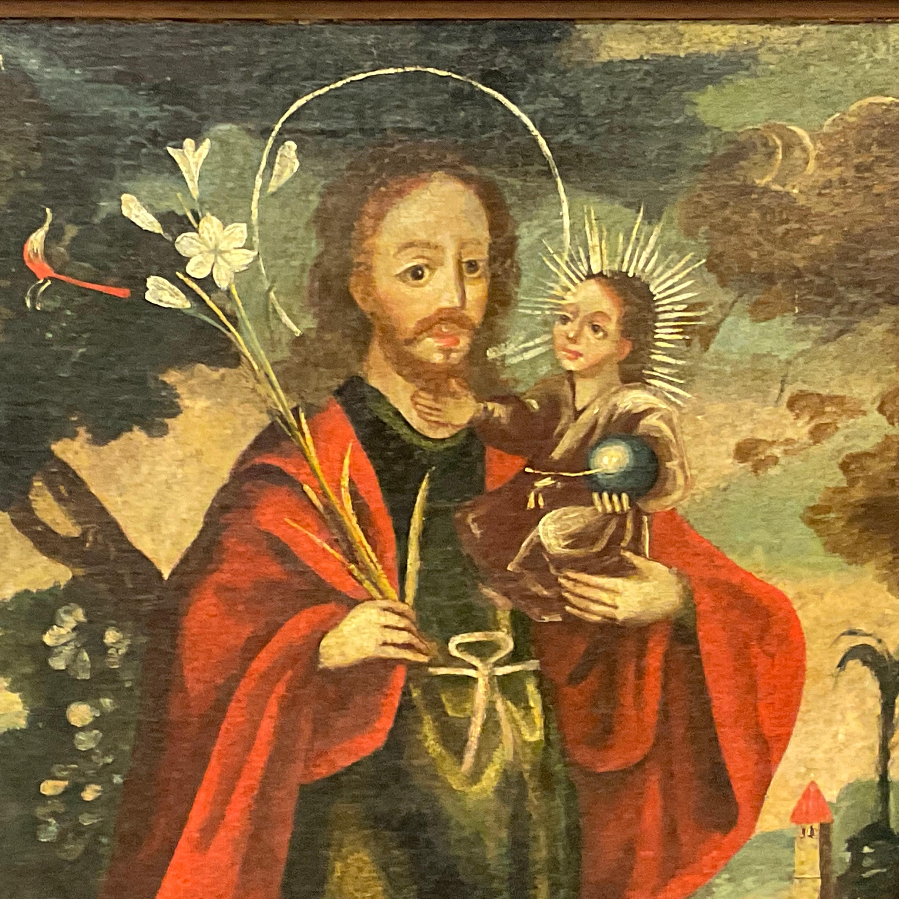 Peruvian Spanish Colonial Cuzco School 18th C. Oil on Canvas St. Joseph with Christ Child For Sale