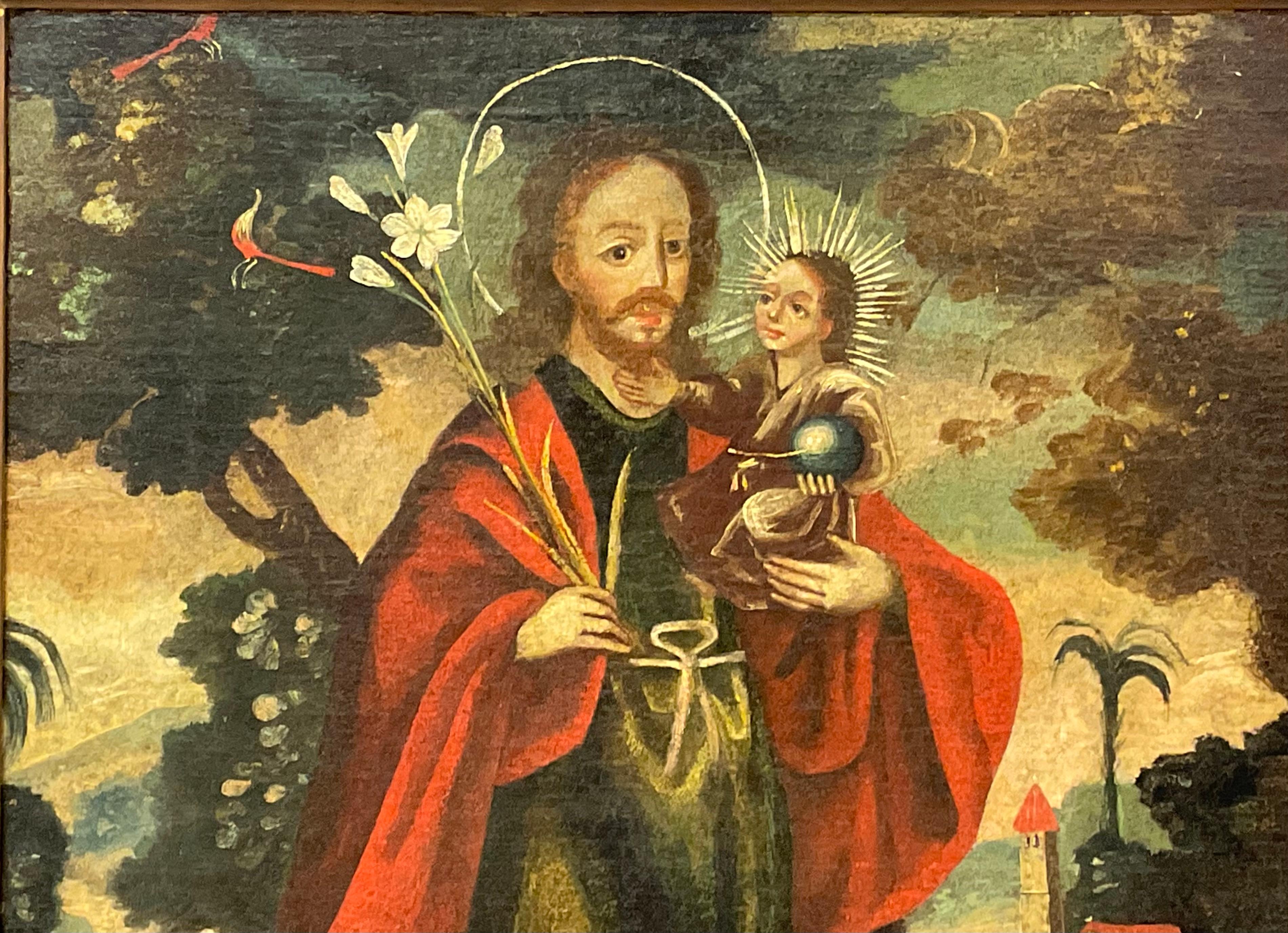 18th Century and Earlier Spanish Colonial Cuzco School 18th C. Oil on Canvas St. Joseph with Christ Child For Sale