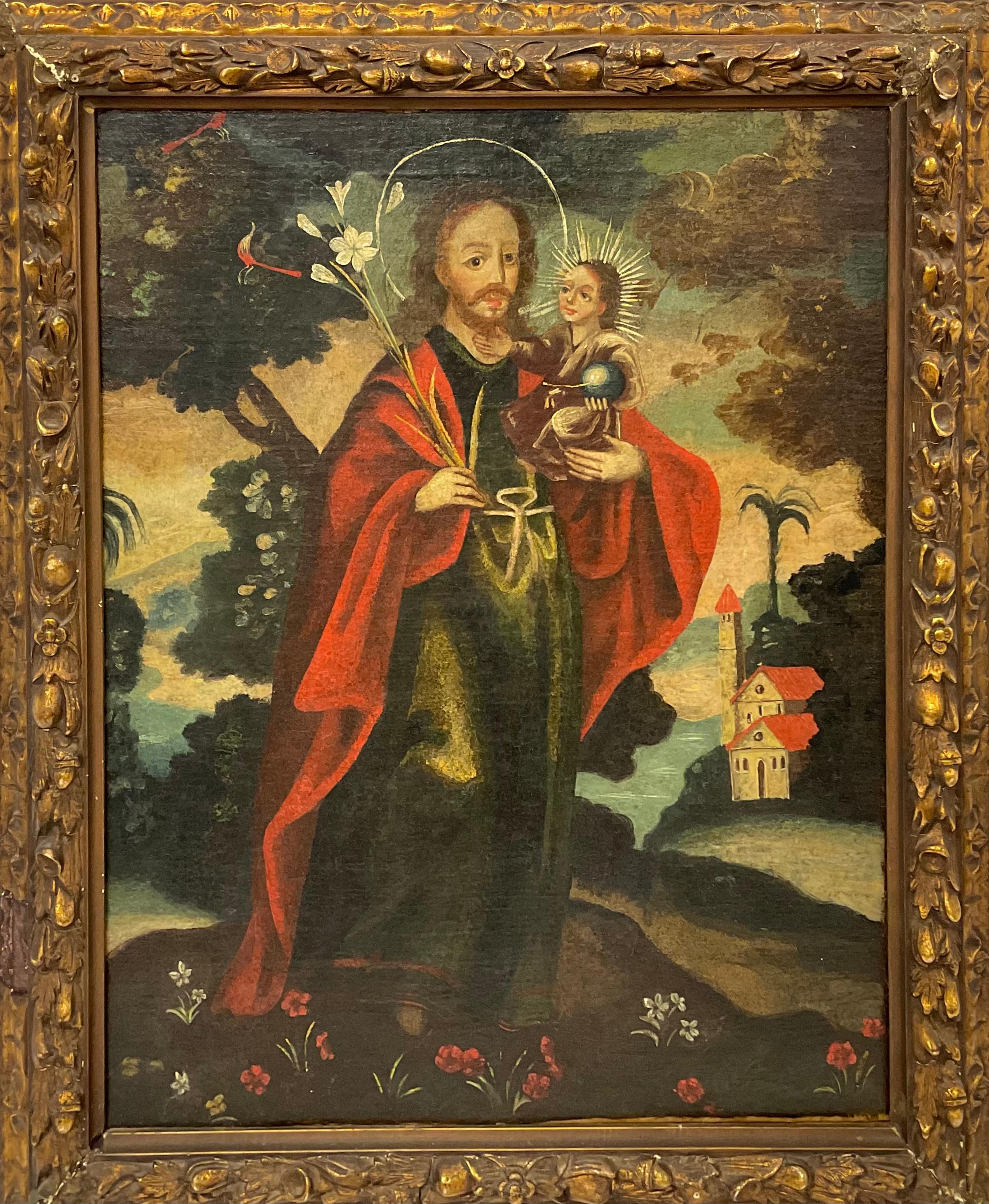 Spanish Colonial Cuzco School 18th C. Oil on Canvas St. Joseph with Christ Child For Sale