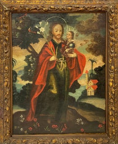 Antique Spanish Colonial Cuzco School 18th C. Oil on Canvas St. Joseph with Christ Child