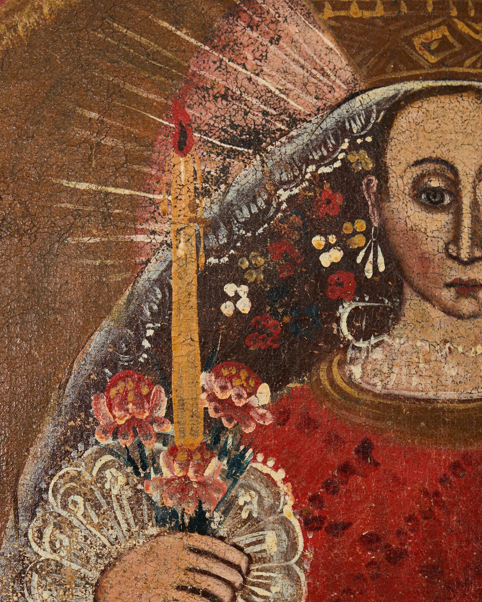 Spanische Kolonial- Cuzco-Schule Madonna Jungfrau Maria Gemälde im Angebot 3