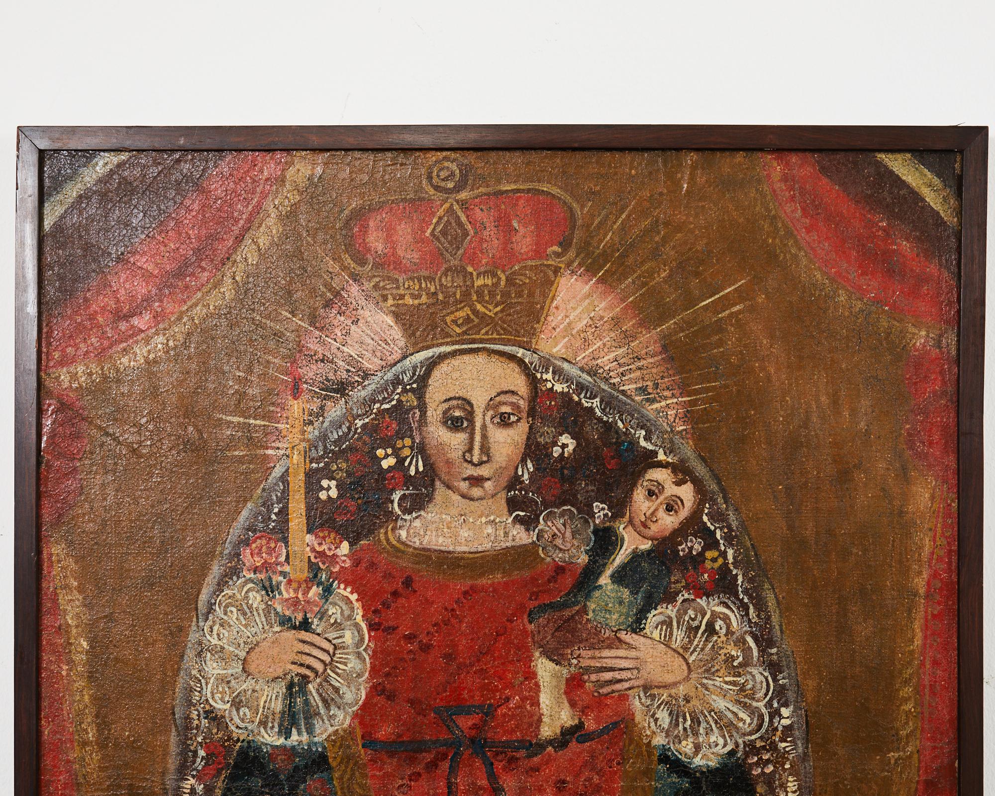 Spanische Kolonial- Cuzco-Schule Madonna Jungfrau Maria Gemälde (Spanisch Kolonial) im Angebot