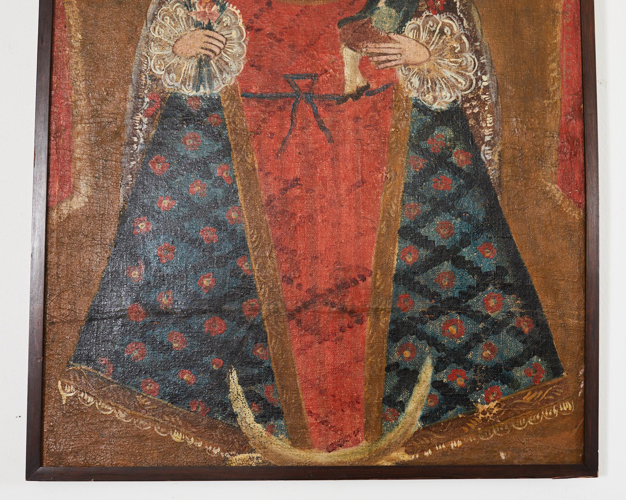Peruviano Quadro Madonna Vergine Maria della scuola spagnola coloniale di Cuzco in vendita