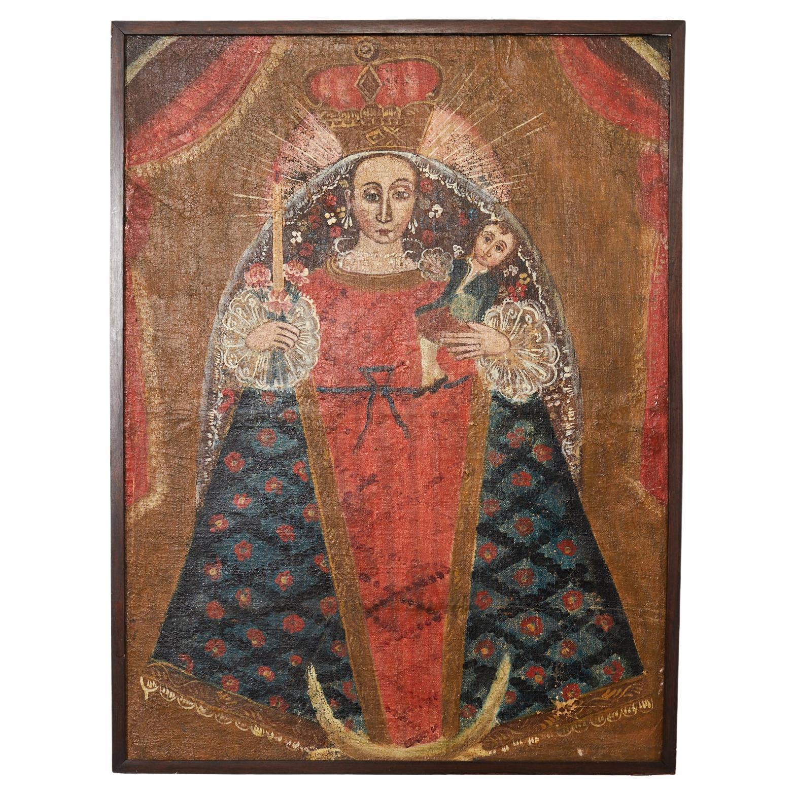 Spanish Colonial Cuzco School Madonna Virgin Mary Painting For Sale