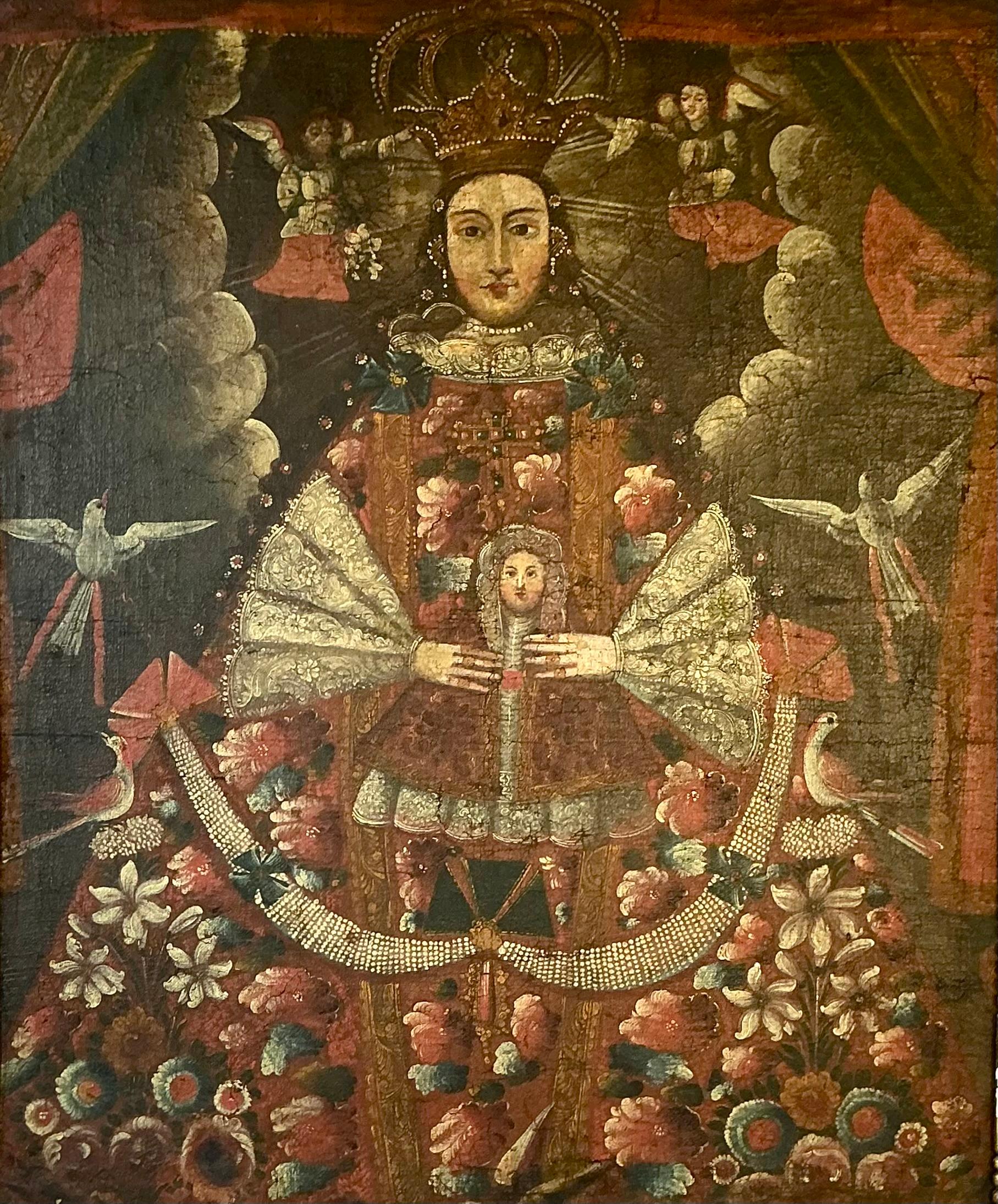 Spanische Kolonialschule in Cuzco Gemälde der Jungfrau Maria im Zustand „Gut“ im Angebot in Bradenton, FL