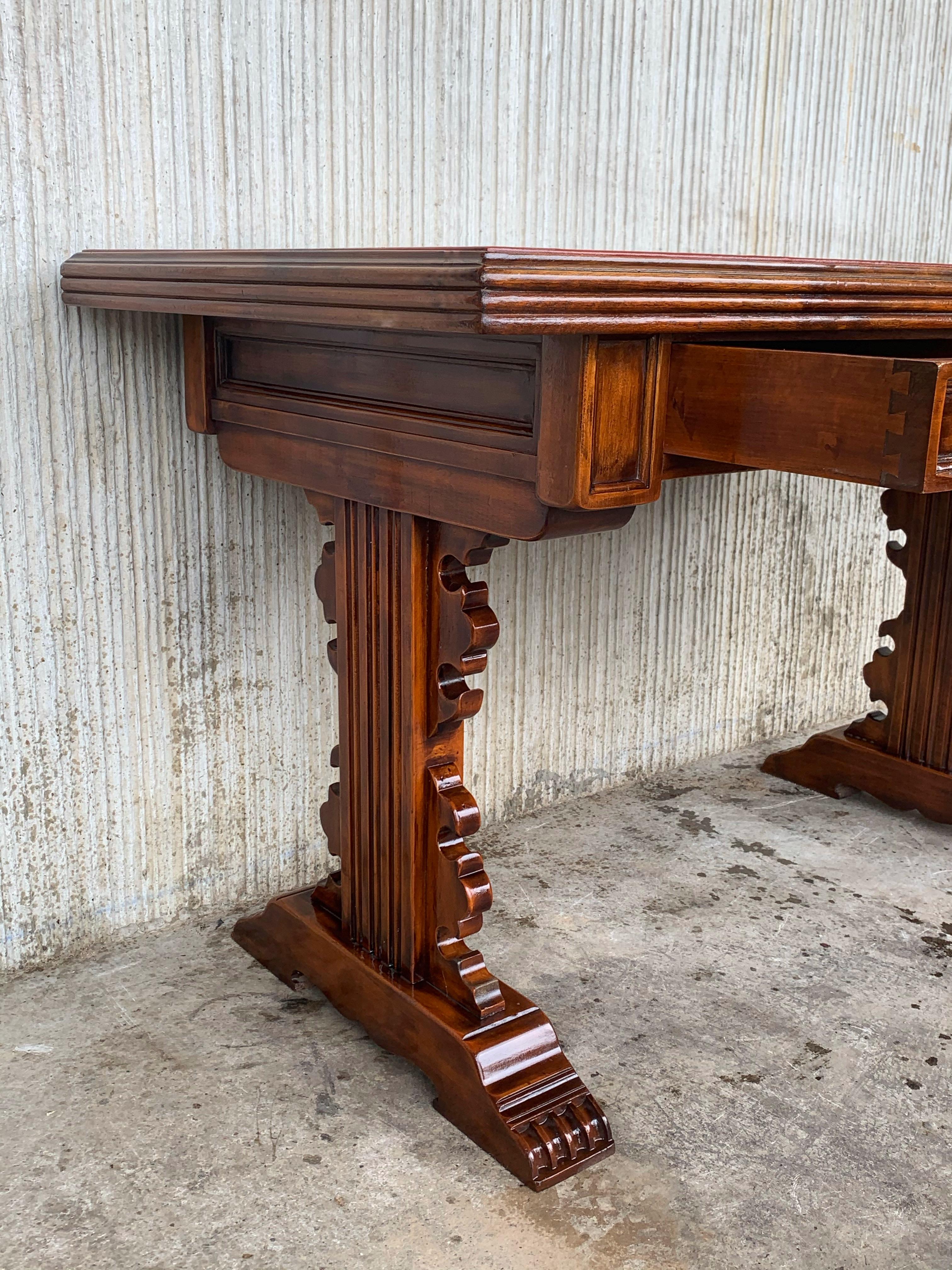 Leather Spanish Colonial Desk or Console Table with Two Drawers Signed by Valentí For Sale