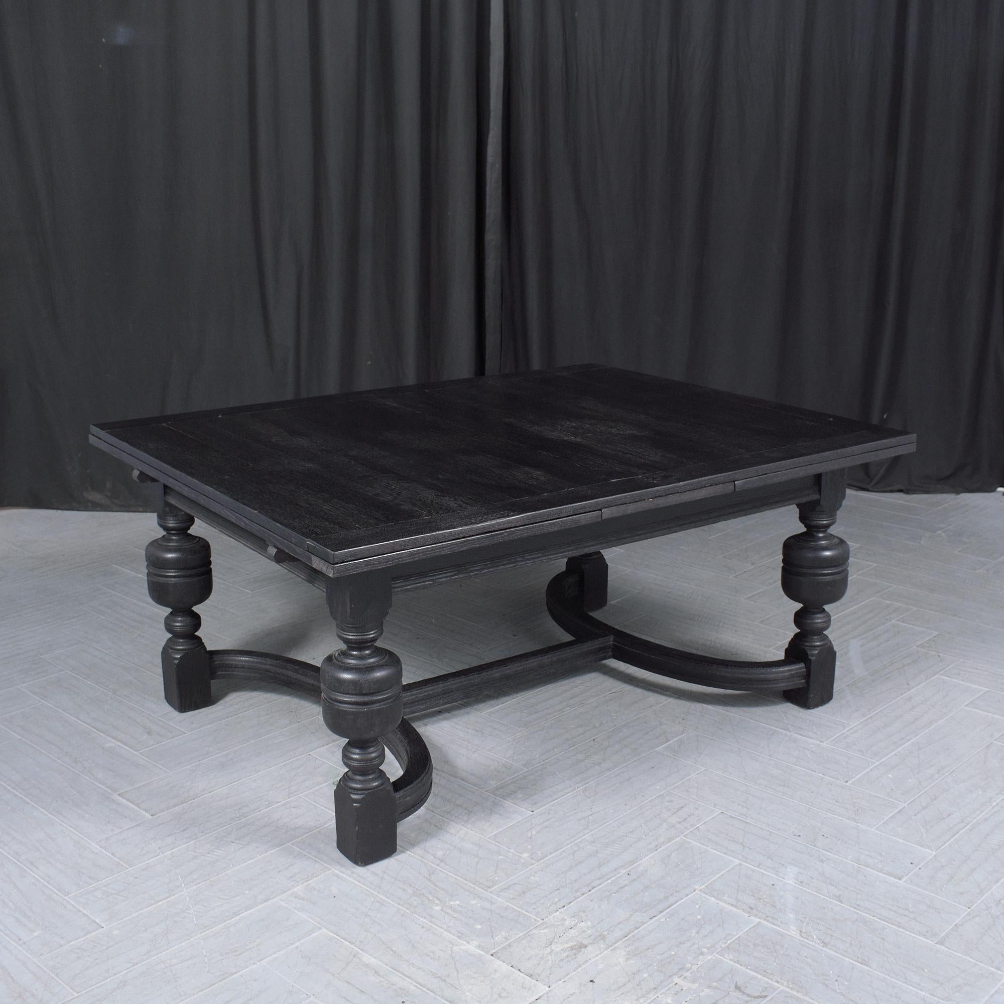Lacquer 1850s Spanish Extendable Dining Table: Ebonized Solid Wood with French Design For Sale