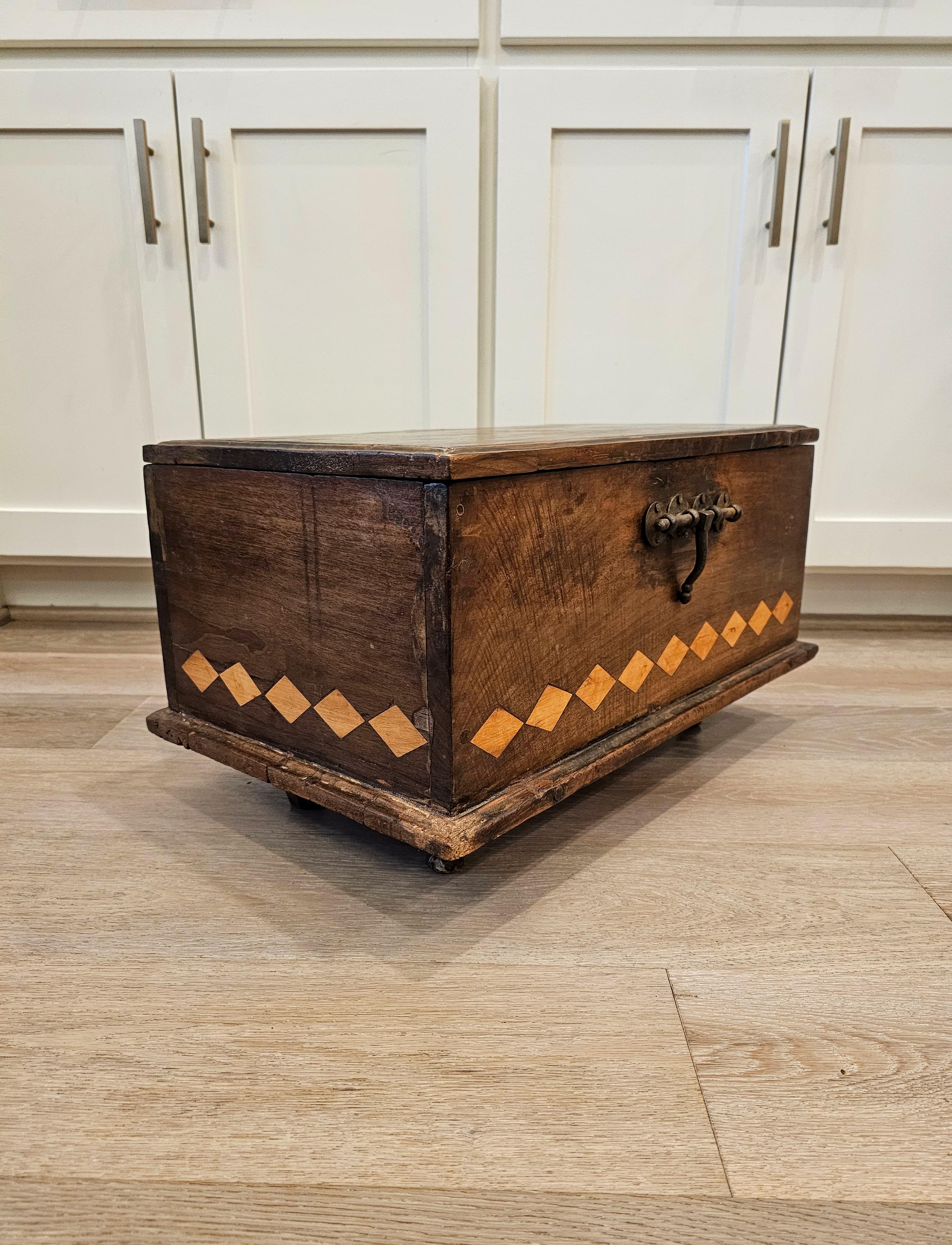 Chamfered Spanish Colonial Era 18th/19th Century Inlaid Cedar Wooden Chest Box Trunk For Sale