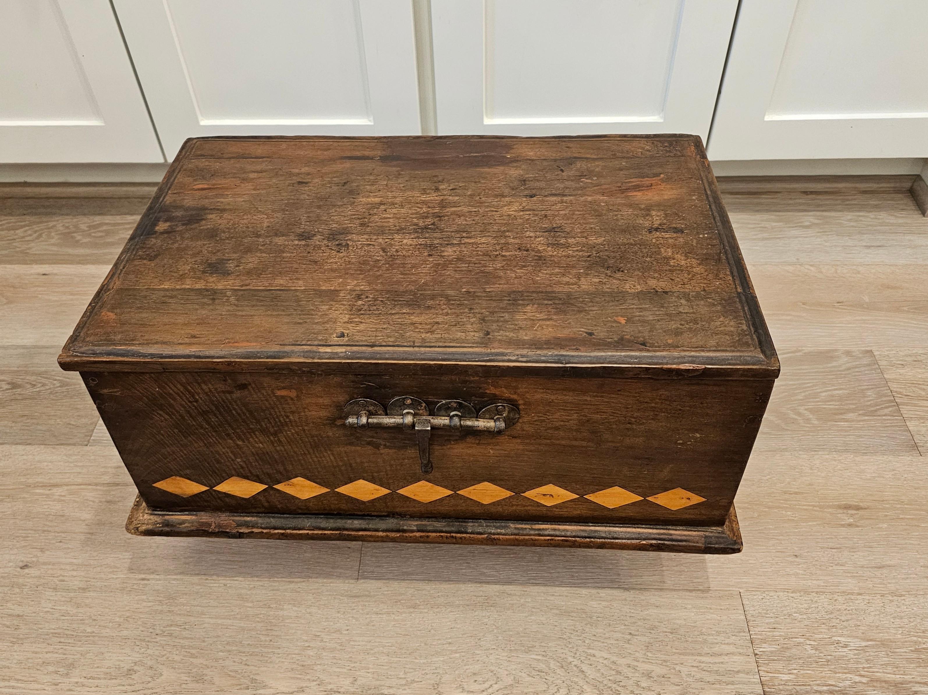 Iron Spanish Colonial Era 18th/19th Century Inlaid Cedar Wooden Chest Box Trunk For Sale
