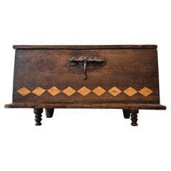 Antique Spanish Colonial Era 18th/19th Century Inlaid Cedar Wooden Chest Box Trunk