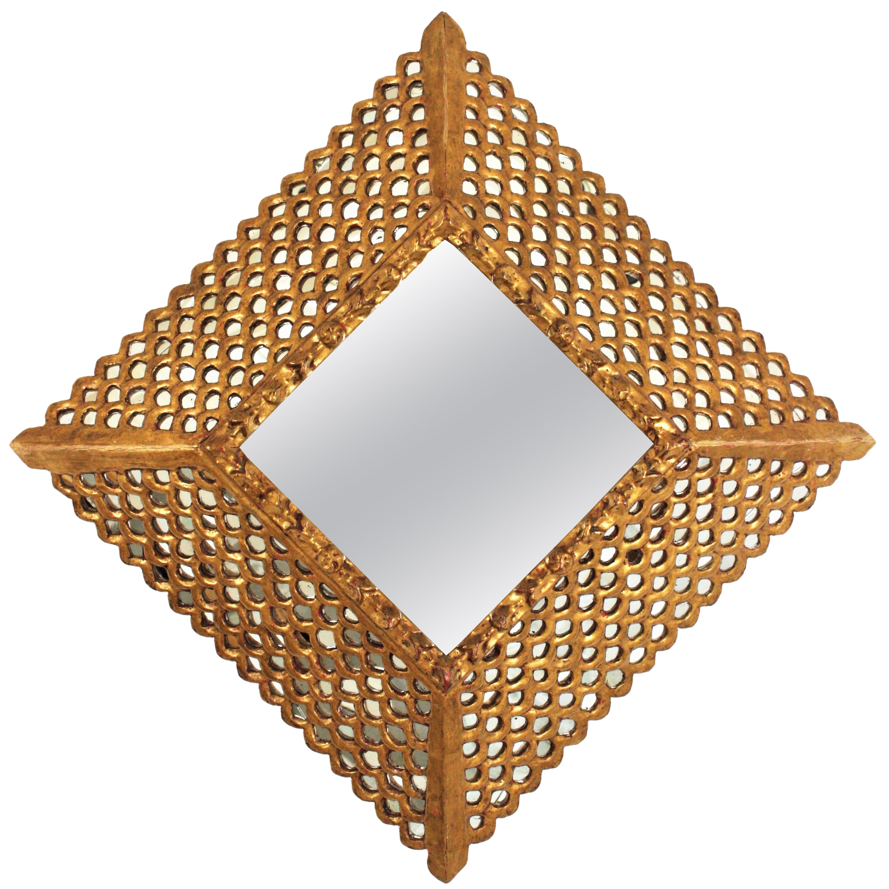 Spanish Colonial Gilt Carved Wood Mirror with Mosaic Mirror Inlays