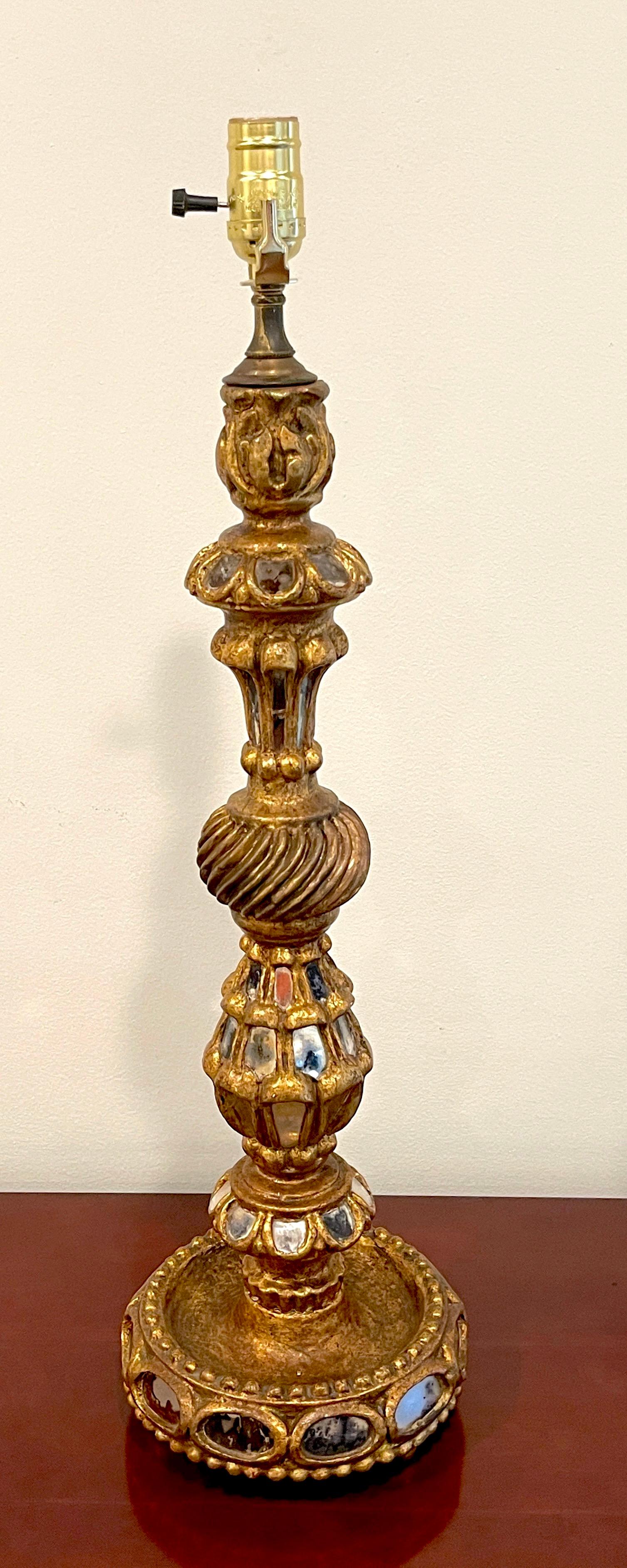 20th Century Spanish Colonial Giltwood & Mirror Candlestick, Now as a Lamp For Sale