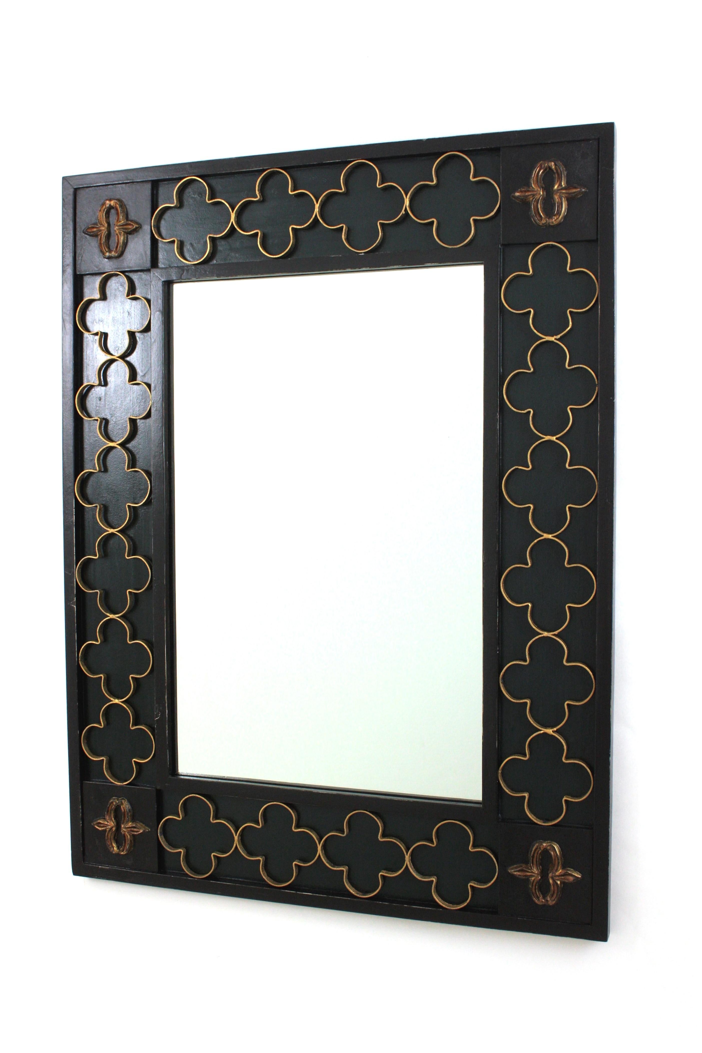 Spanish Colonial Green Black Rectangular Mirror with Gilt Iron Rosettes, 1950s For Sale 5