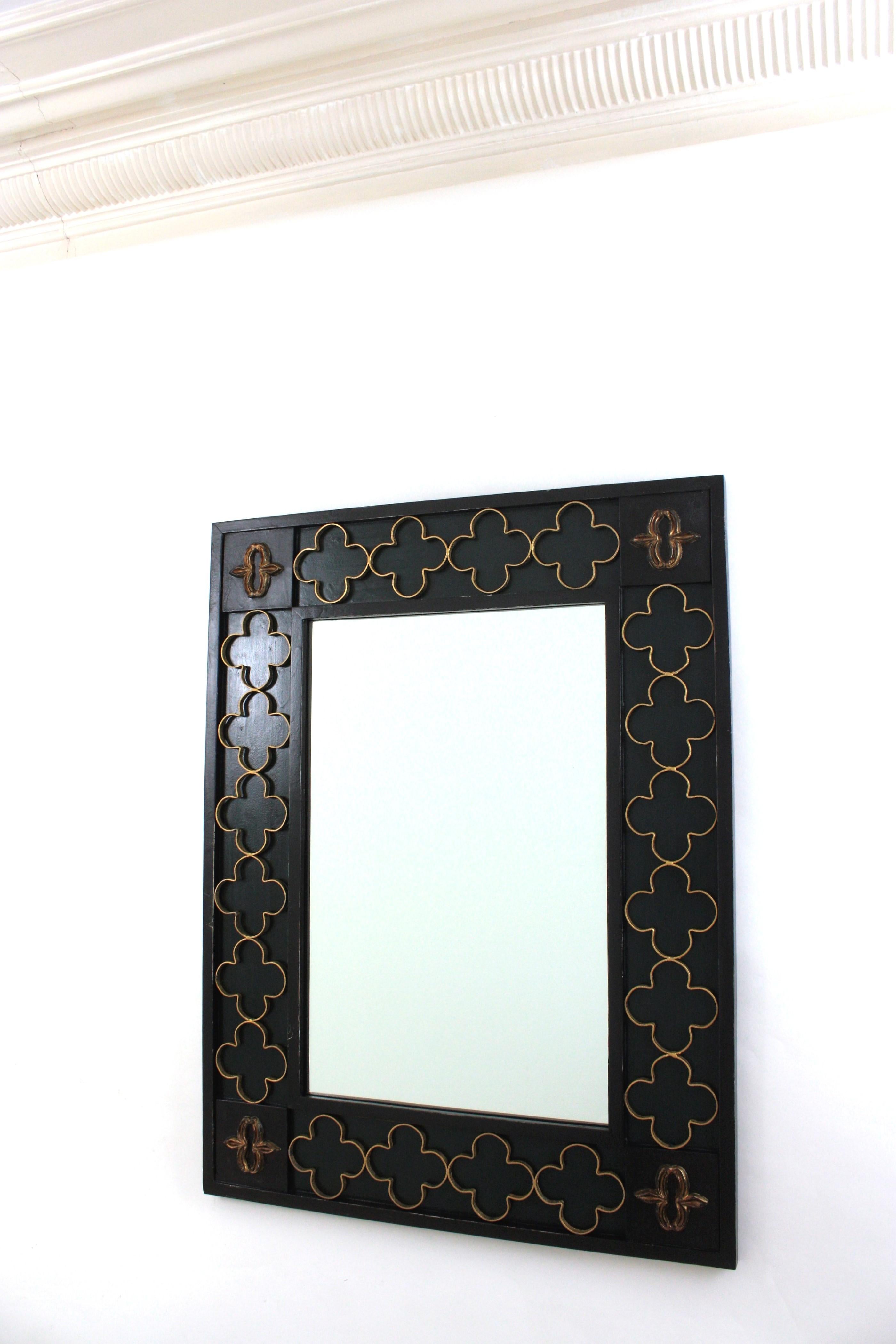 Spanish Colonial Green Black Rectangular Mirror with Gilt Iron Rosettes, 1950s For Sale 6