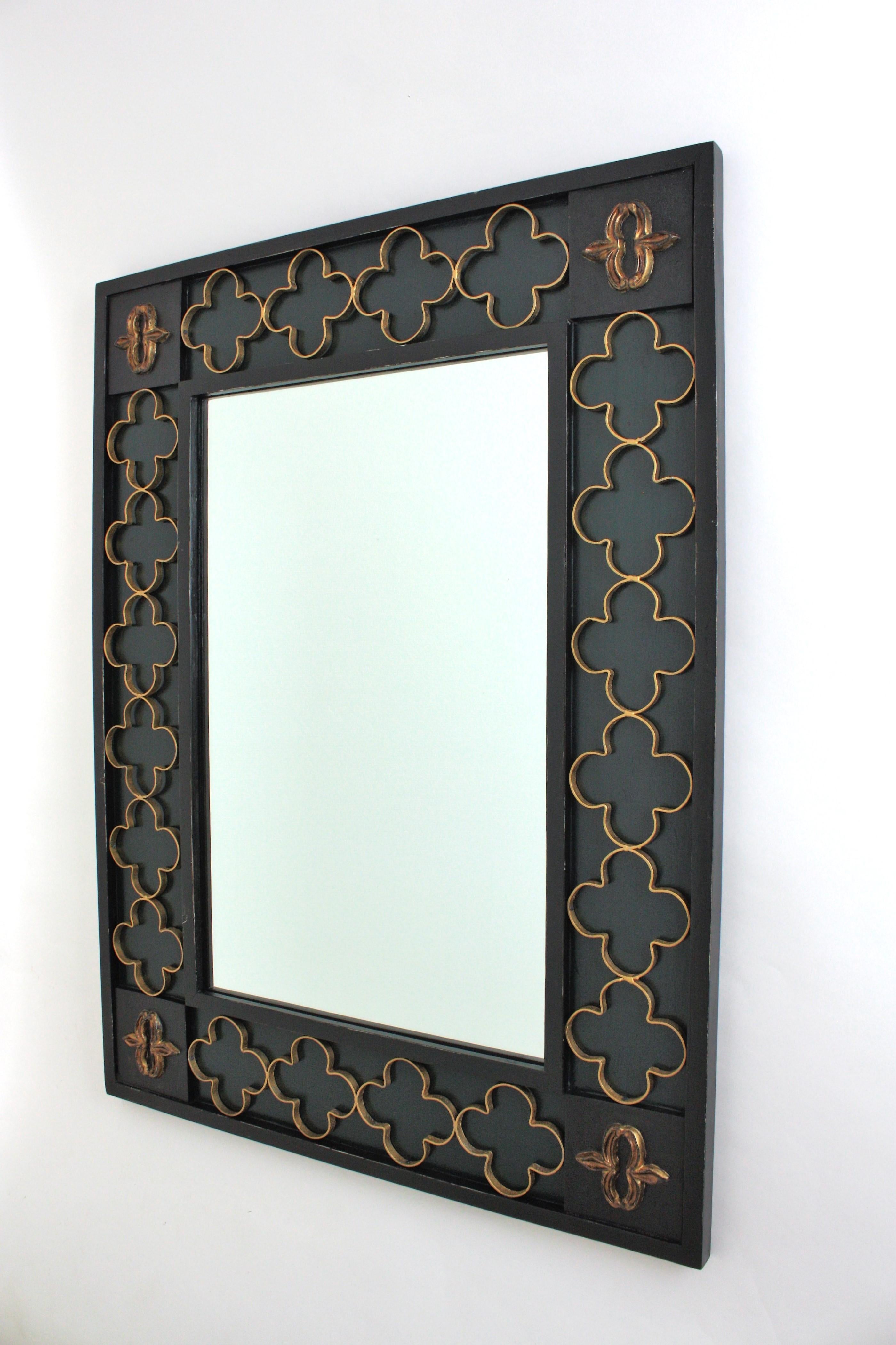 Spanish Colonial Green Black Rectangular Mirror with Gilt Iron Rosettes, 1950s For Sale 7