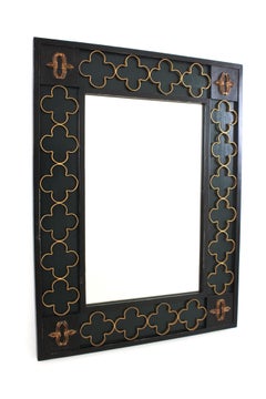 Spanish Colonial Green Black Rectangular Mirror with Gilt Iron Rosettes, 1950s