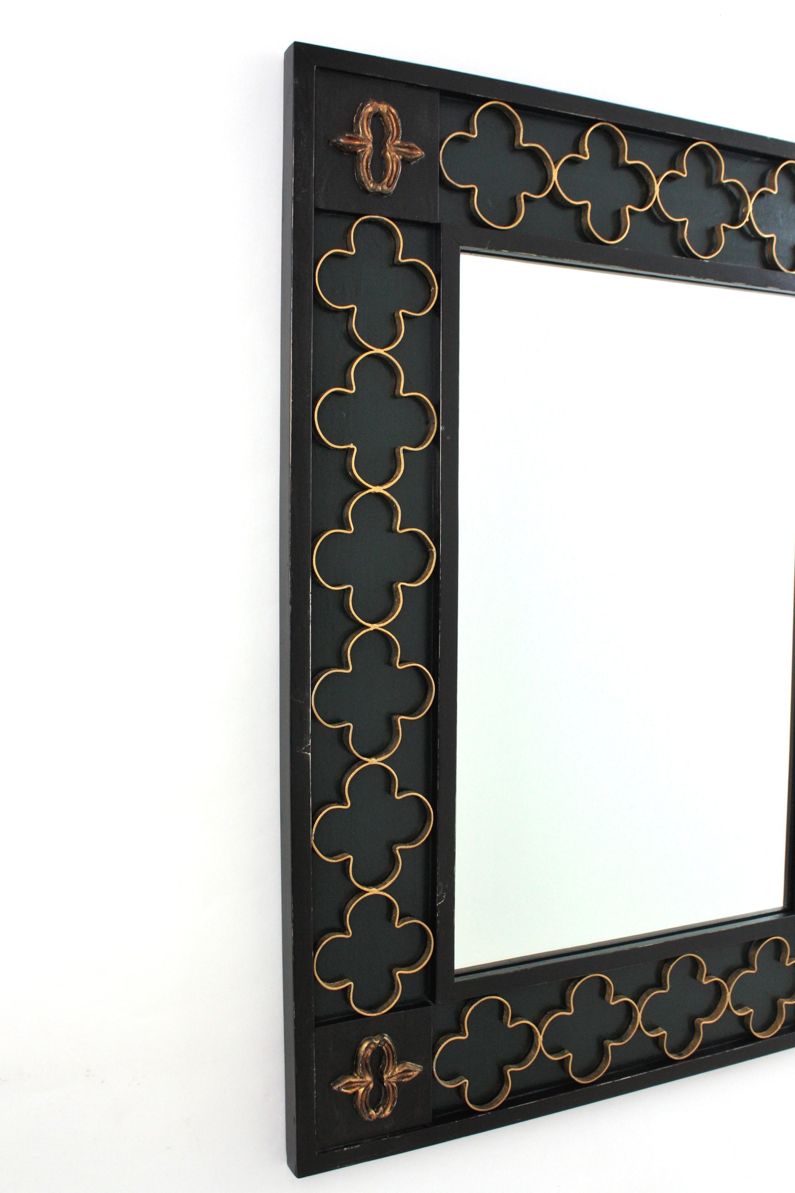 Spanish Colonial Green Black Rectangular Mirror with Gilt Iron Rosettes, 1950s In Good Condition For Sale In Barcelona, ES
