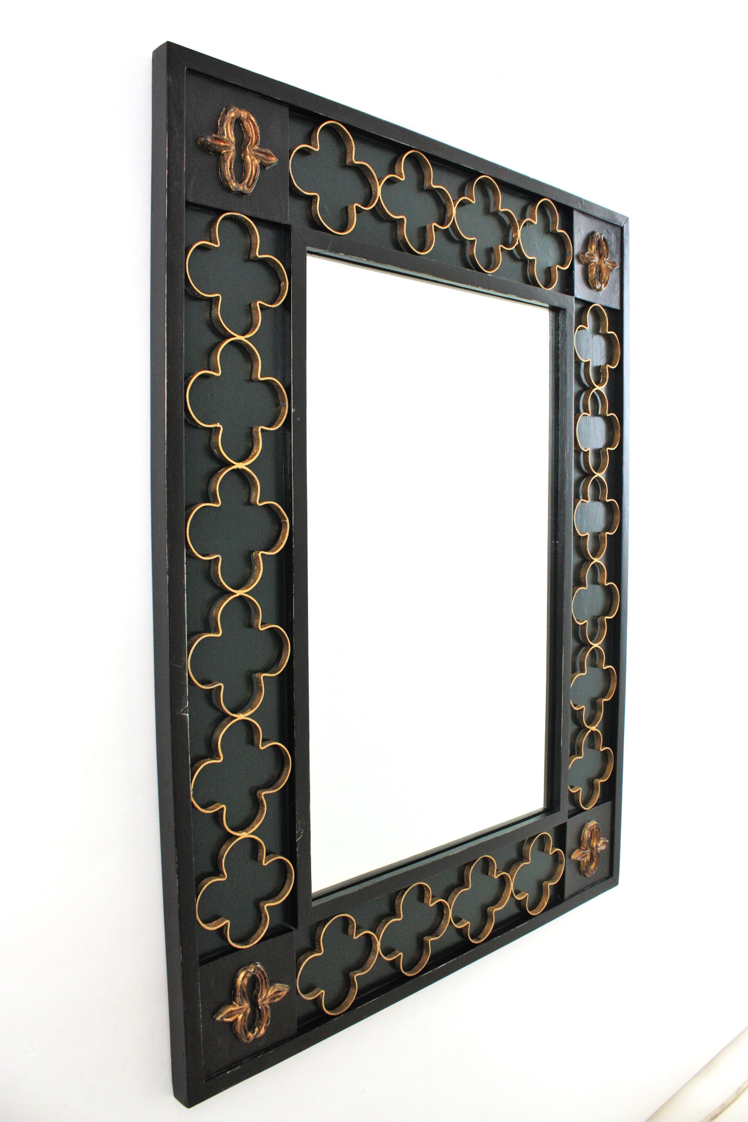 20th Century Spanish Colonial Green Black Rectangular Mirror with Gilt Iron Rosettes, 1950s For Sale