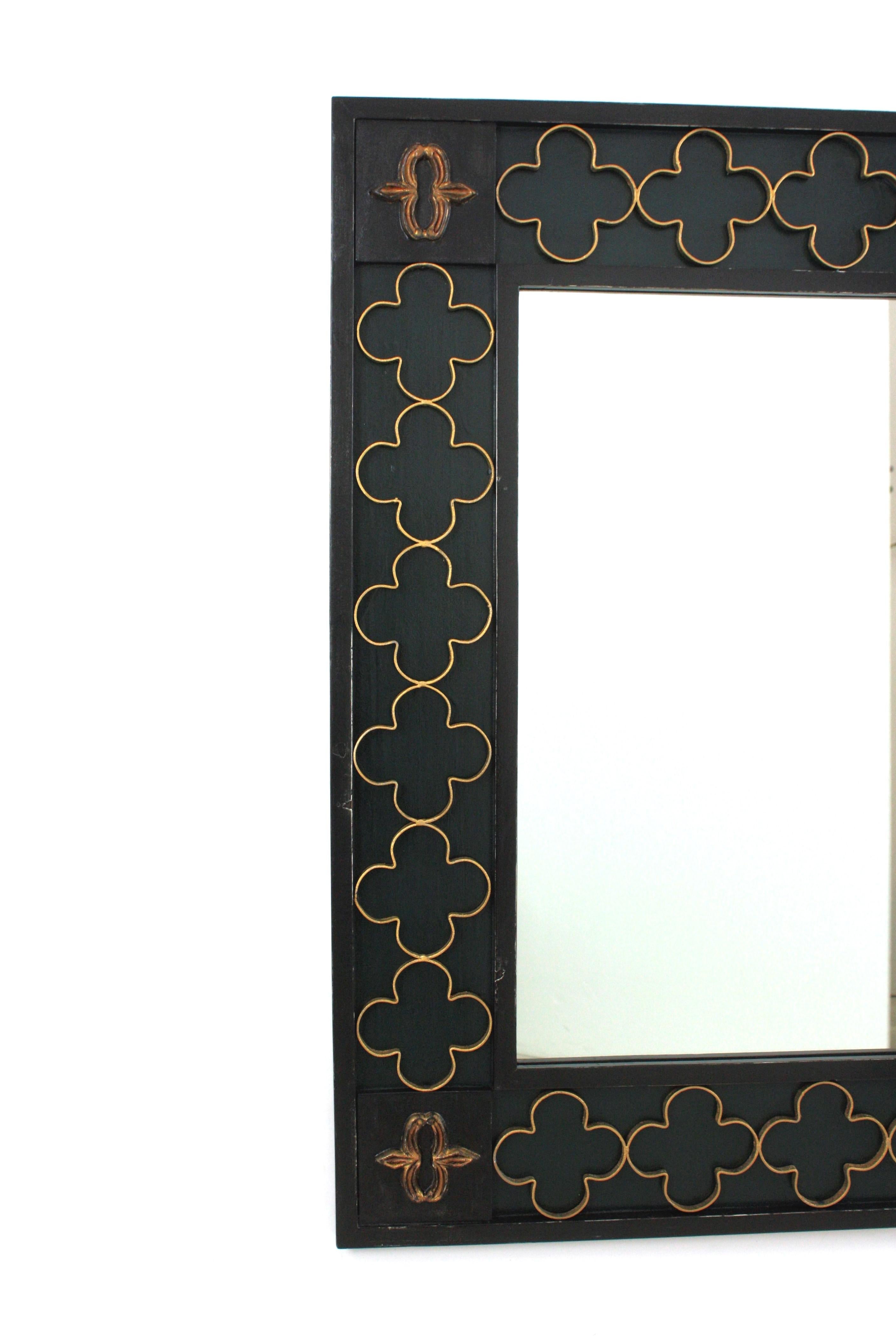 Spanish Colonial Green Black Rectangular Mirror with Gilt Iron Rosettes, 1950s For Sale 1