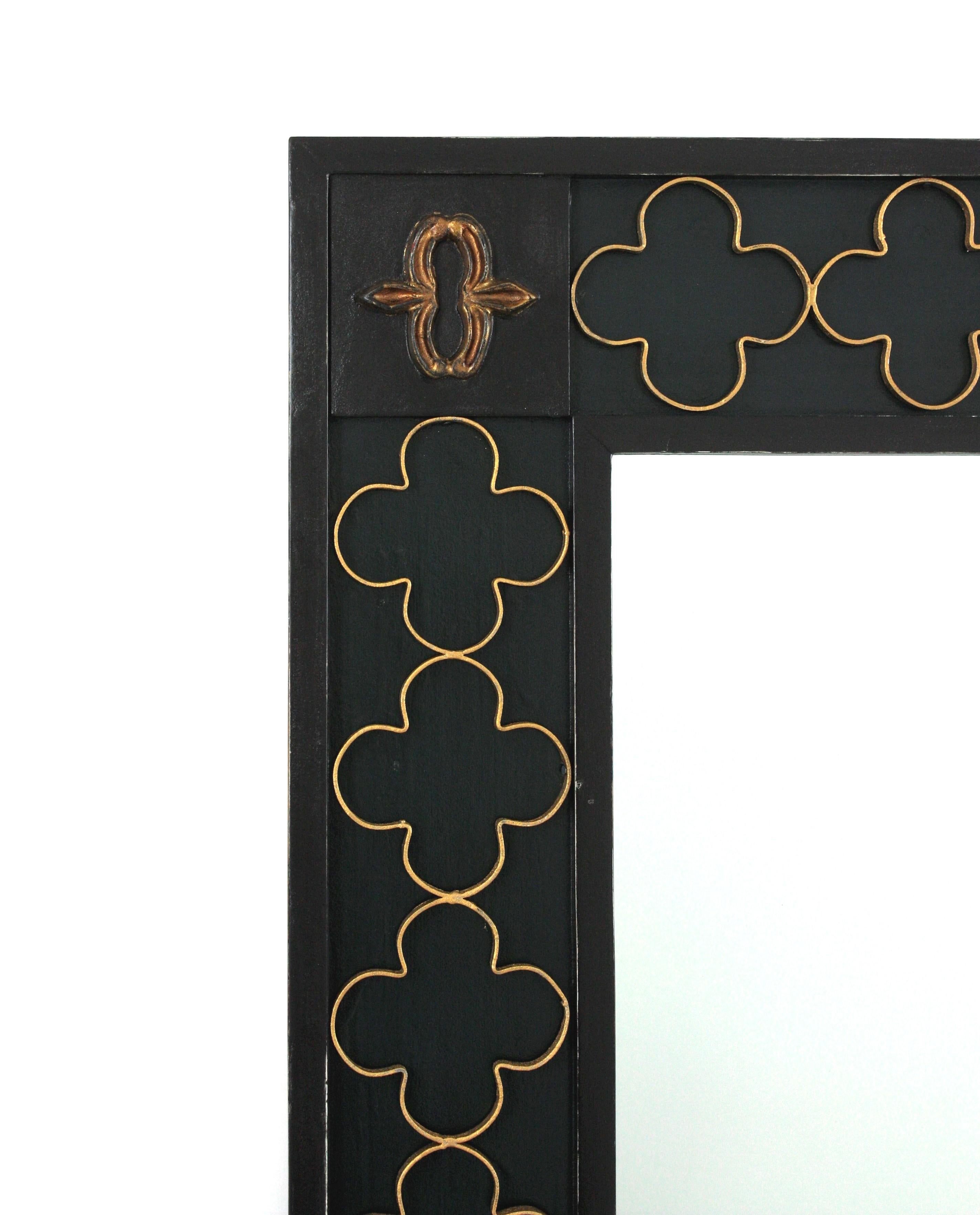 Spanish Colonial Green Black Rectangular Mirror with Gilt Iron Rosettes, 1950s For Sale 2