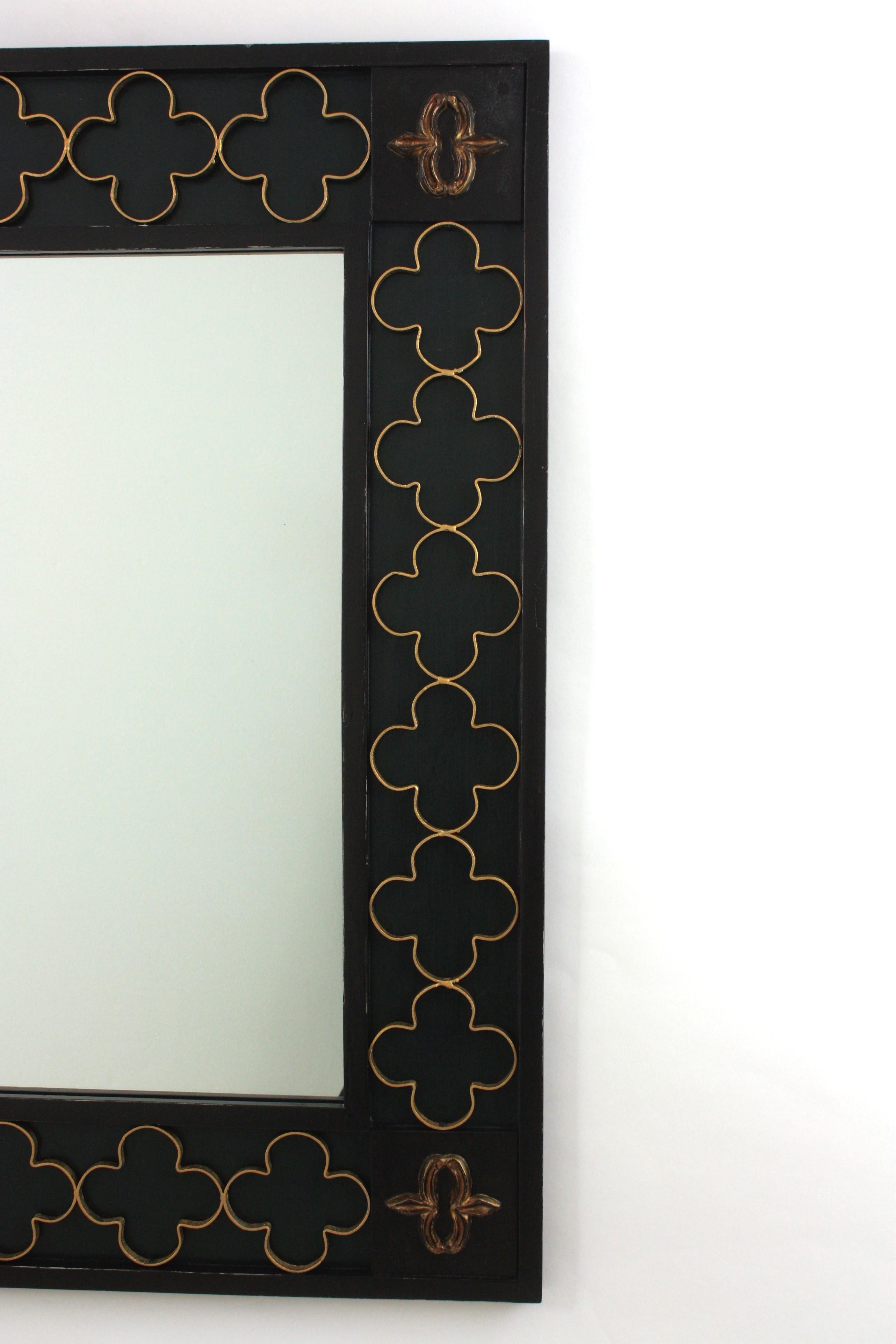 Spanish Colonial Green Black Rectangular Mirror with Gilt Iron Rosettes, 1950s For Sale 4