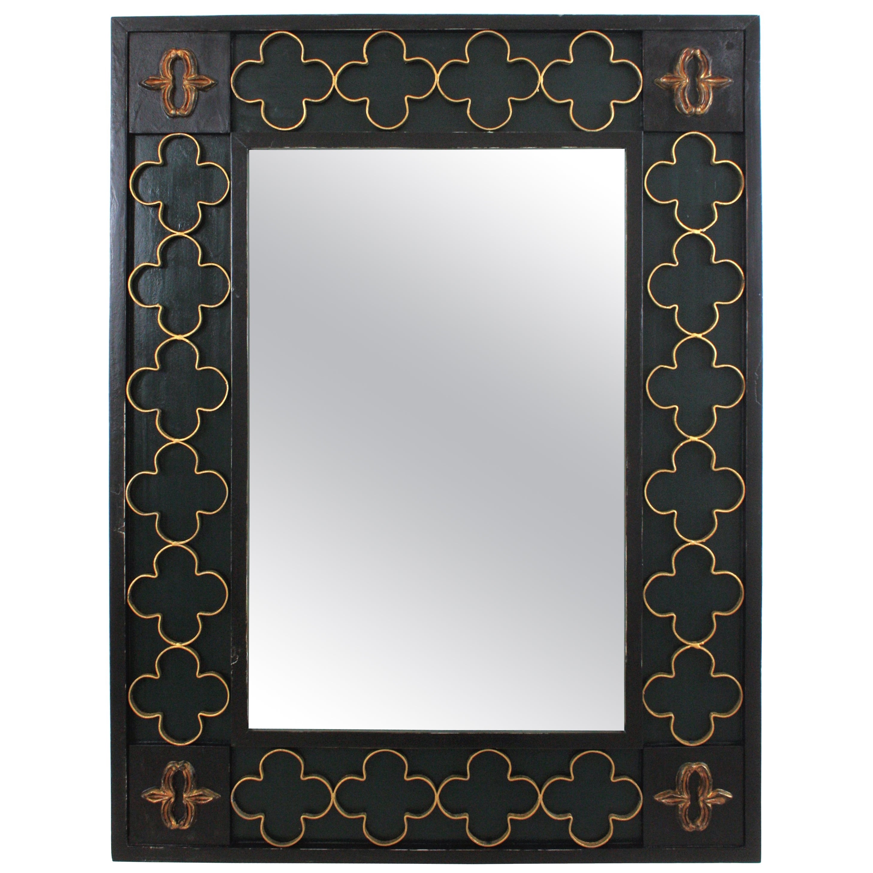 Spanish Colonial Green Black Rectangular Mirror with Gilt Iron Rosettes, 1950s For Sale