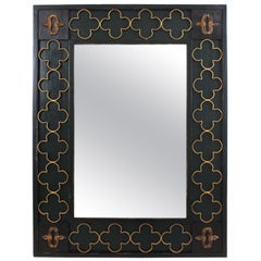 Spanish Colonial Green Black Rectangular Mirror with Gilt Iron Rosettes, 1950s