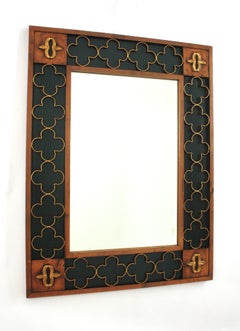 Spanish Colonial Green Rectangular Wood Mirror with Gilt Iron Rosettes, 1950s