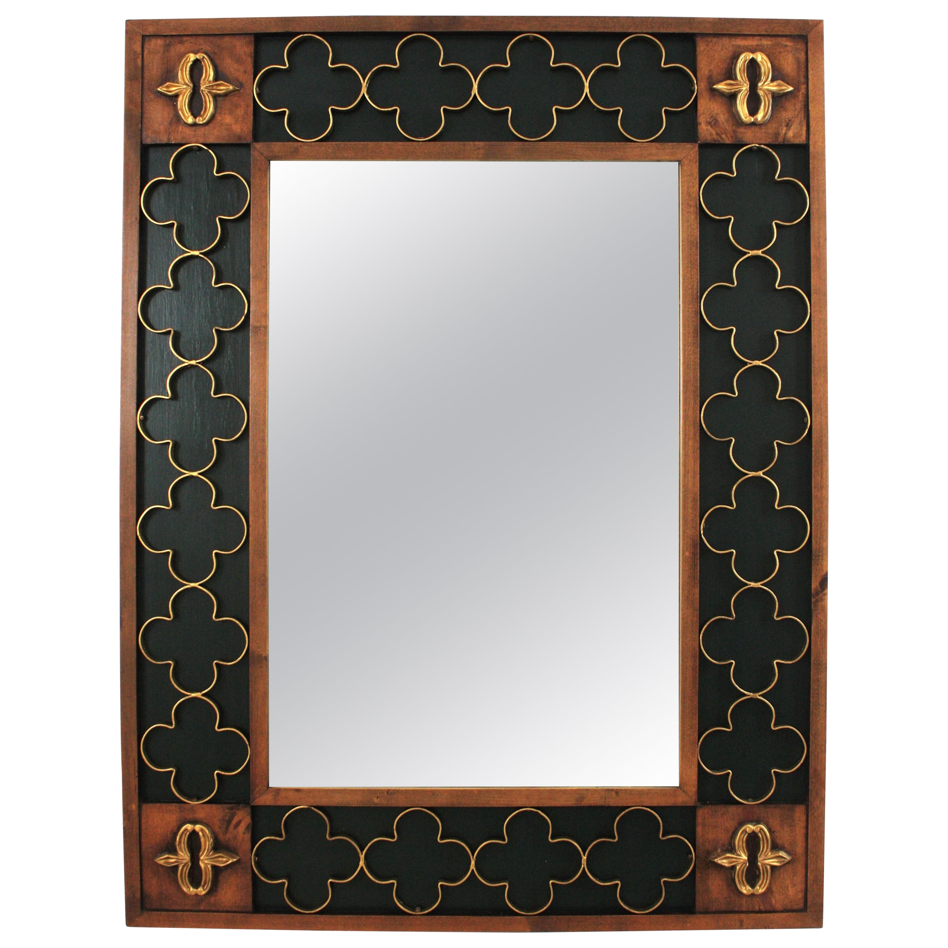 Spanish Colonial Green Rectangular Wood Mirror with Gilt Iron Rosettes, 1950s