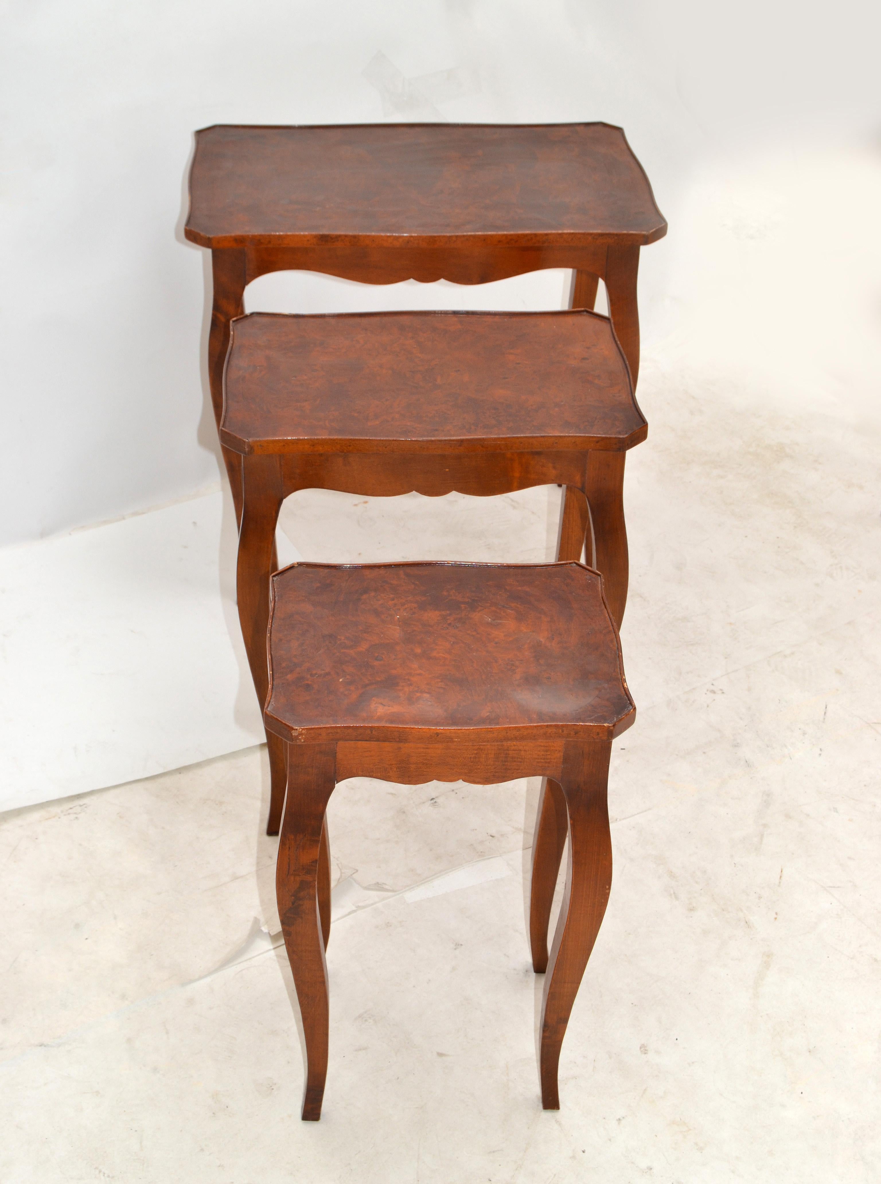 Empire Spanish Colonial Hand carved Olive Wood Nesting Tables / Stacking Tables, Set 3 For Sale