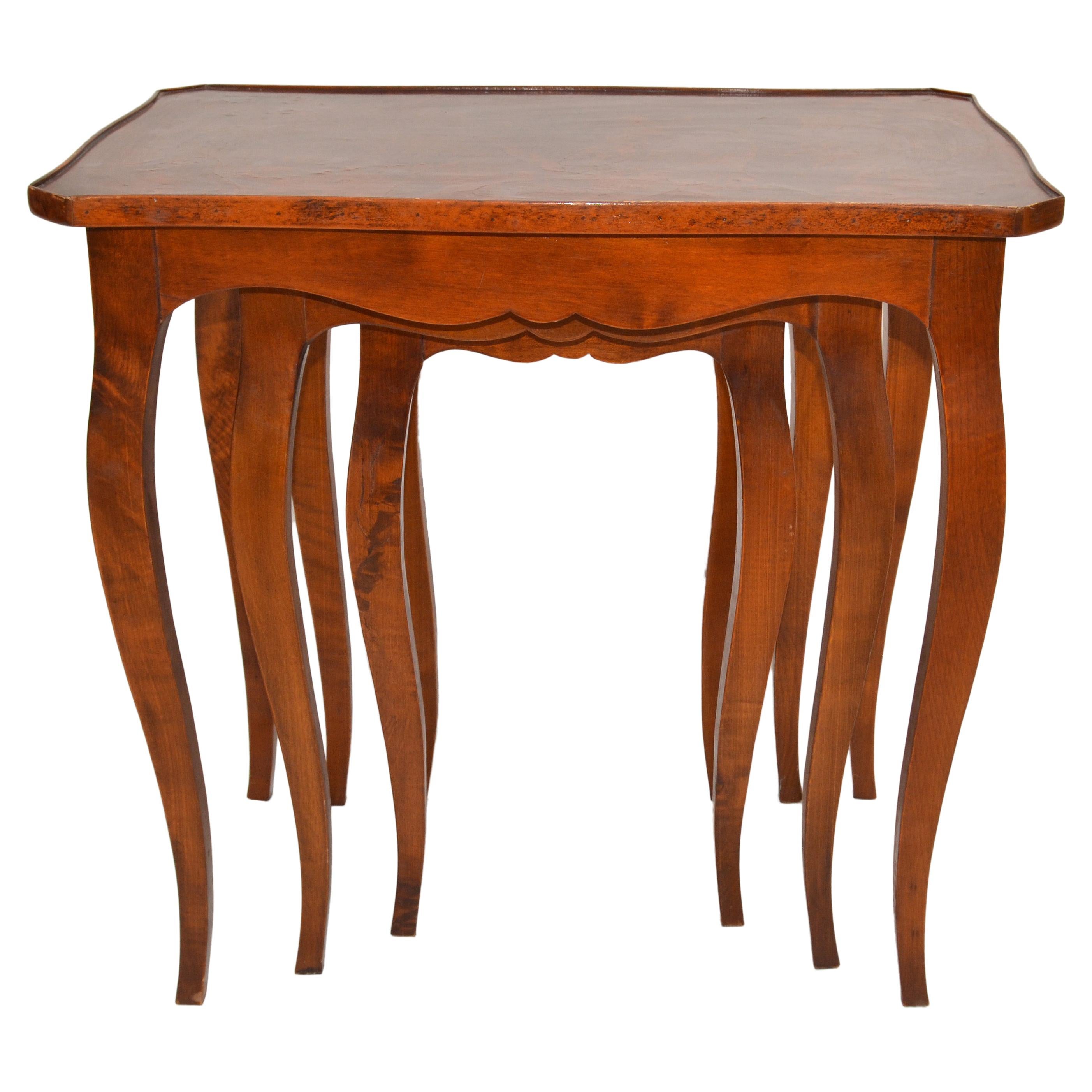 Spanish Colonial Hand carved Olive Wood Nesting Tables / Stacking Tables, Set 3 For Sale