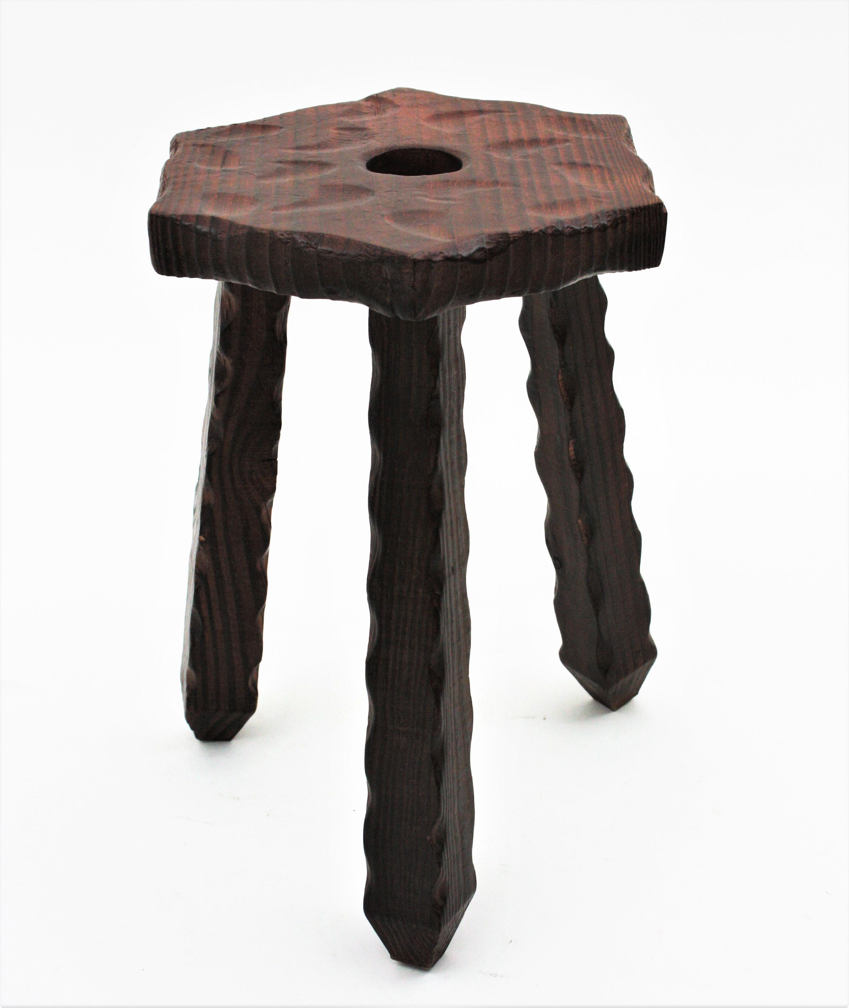 Spanish Colonial Hexagonal Tripod Stool or Side Table, Carved Wood For Sale 3