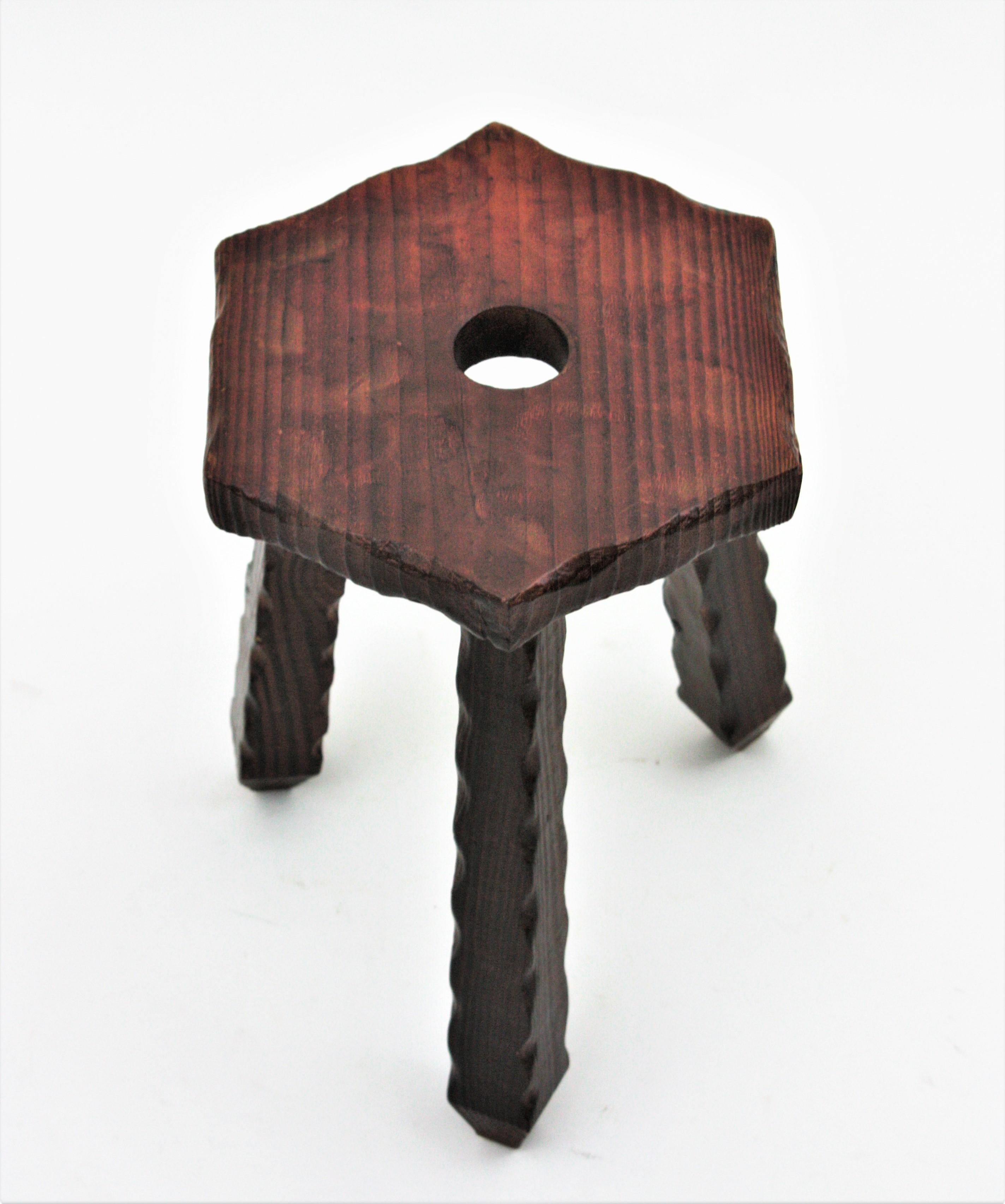 Hand-Crafted Spanish Colonial Hexagonal Tripod Stool or Side Table, Carved Wood For Sale