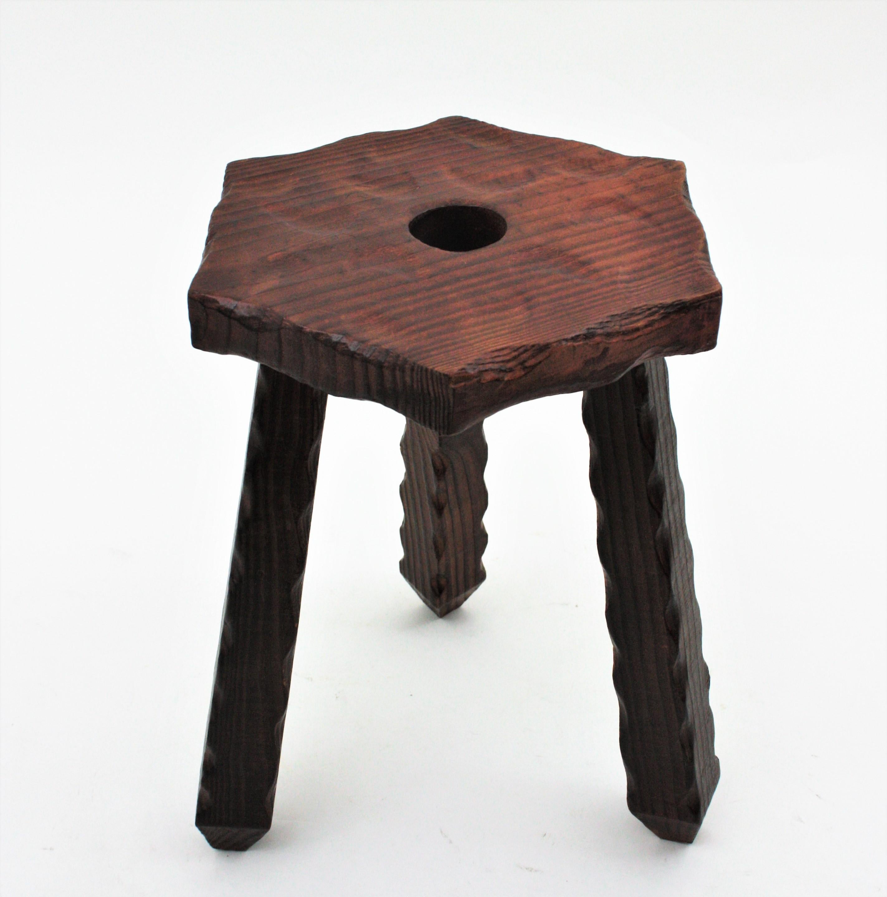 20th Century Spanish Colonial Hexagonal Tripod Stool or Side Table, Carved Wood For Sale