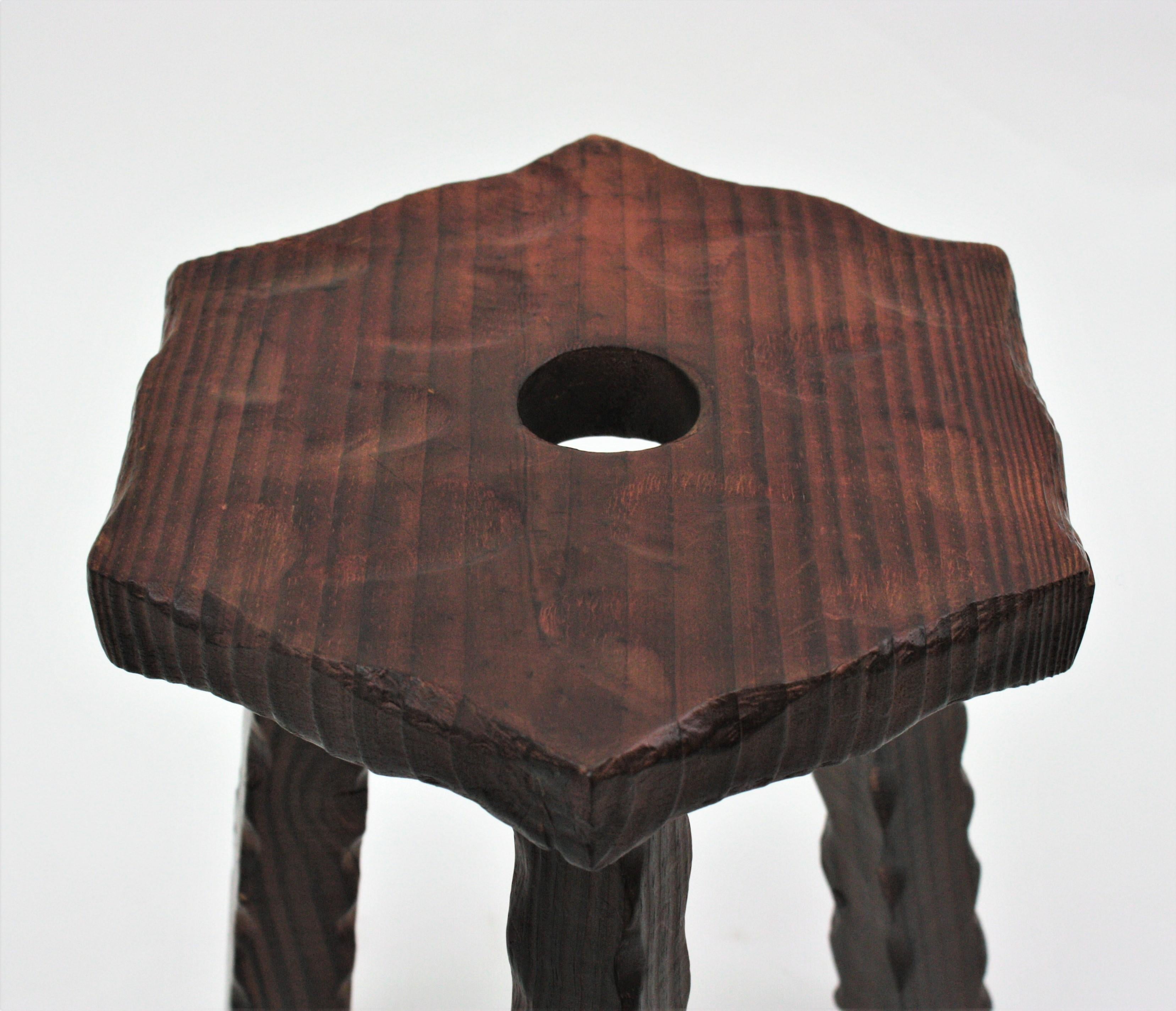 Leather Spanish Colonial Hexagonal Tripod Stool or Side Table, Carved Wood For Sale