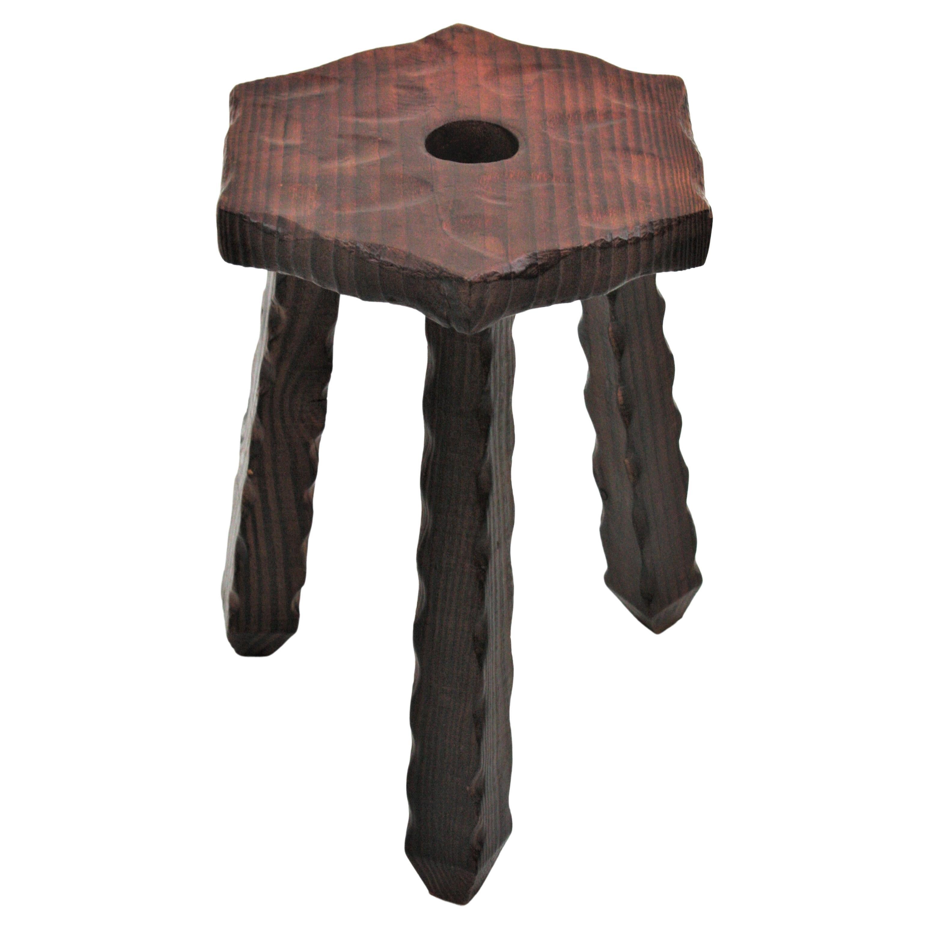 Spanish Colonial Hexagonal Tripod Stool or Side Table, Carved Wood For Sale