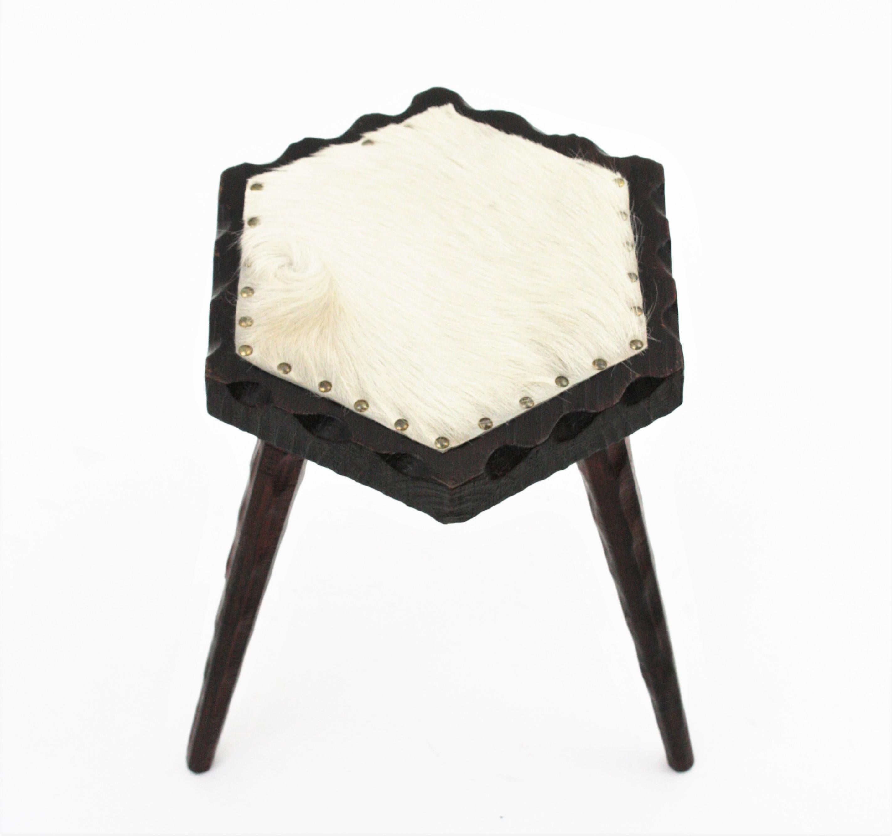 Spanish Colonial Hexagonal Tripod Stool in Wood and Fur  For Sale 3