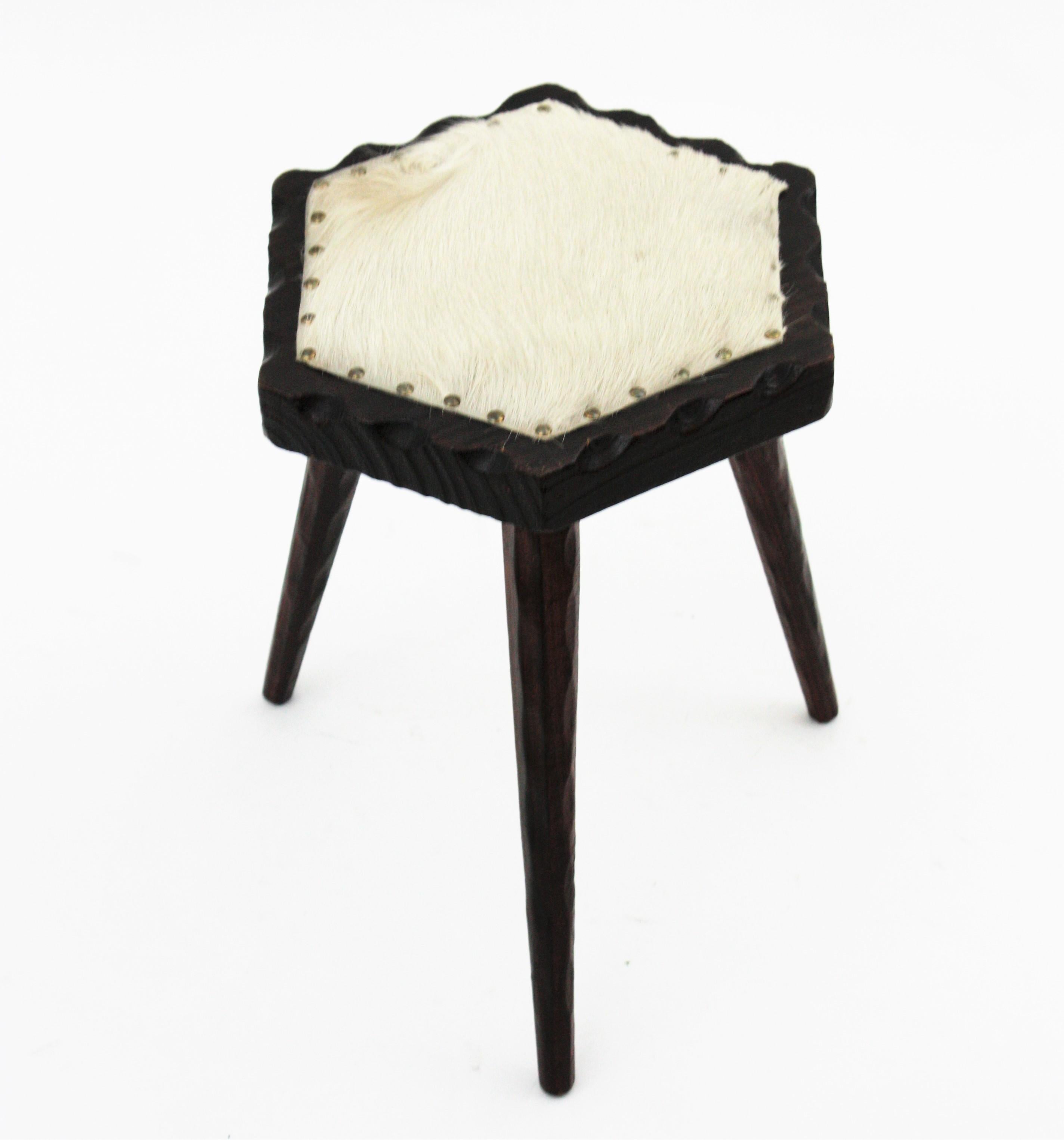 Spanish Colonial Hexagonal Tripod Stool in Wood and Fur  For Sale 7