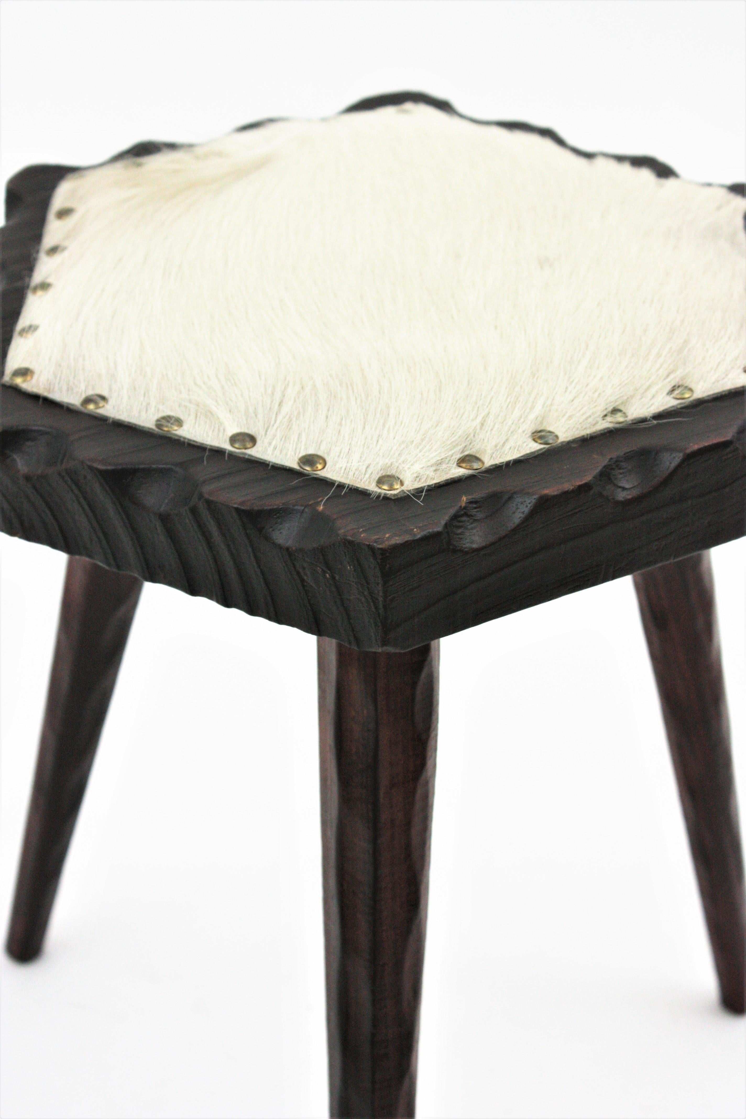 Hand-Crafted Spanish Colonial Hexagonal Tripod Stool in Wood and Fur  For Sale