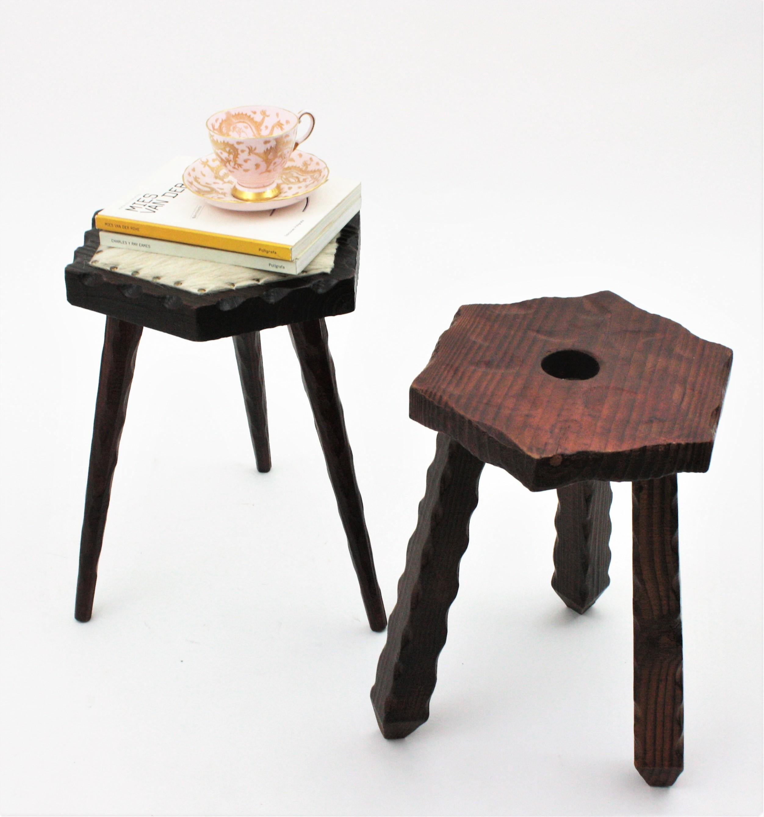 20th Century Spanish Colonial Hexagonal Tripod Stool in Wood and Fur  For Sale