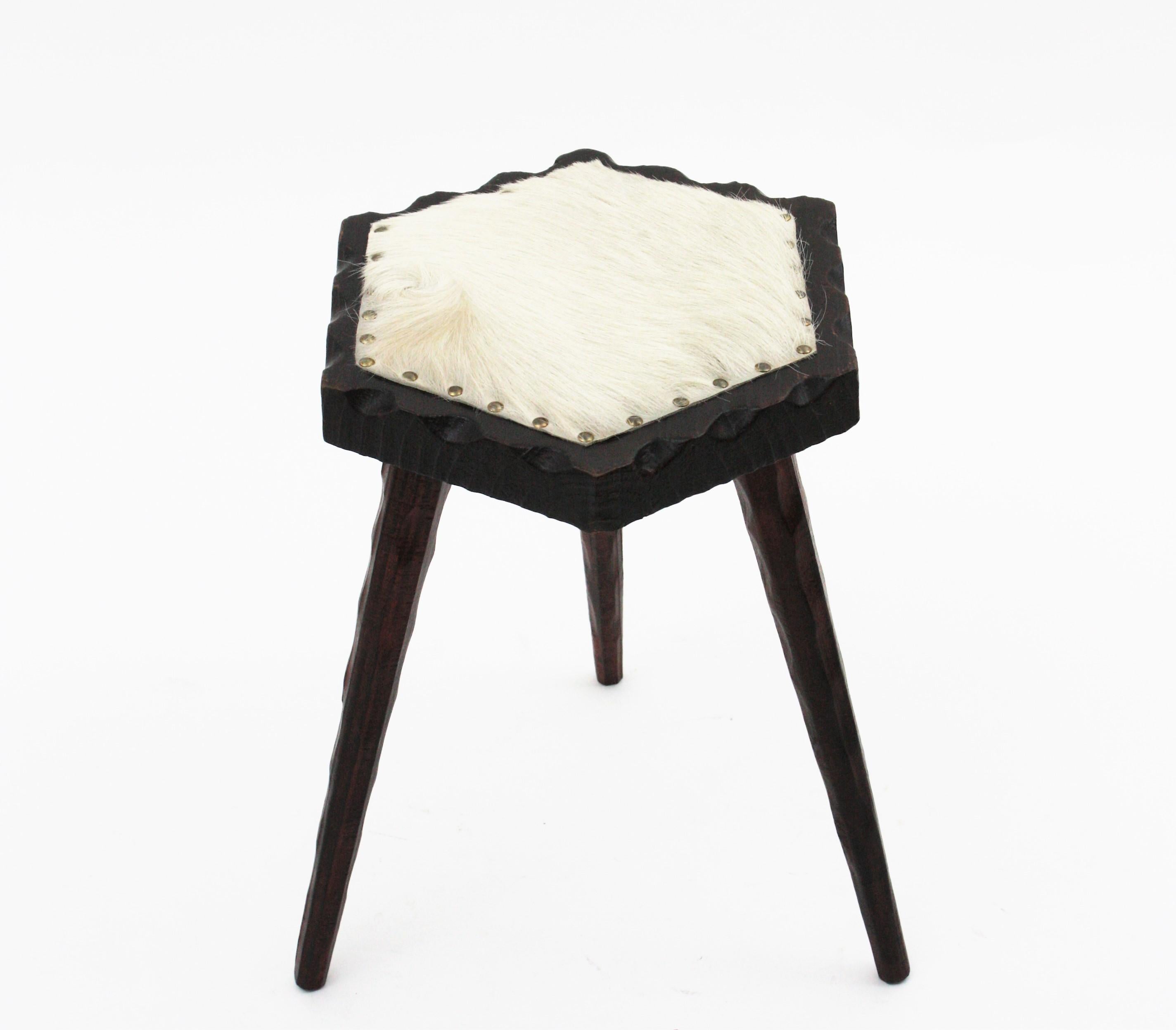 Pine Spanish Colonial Hexagonal Tripod Stool in Wood and Fur  For Sale