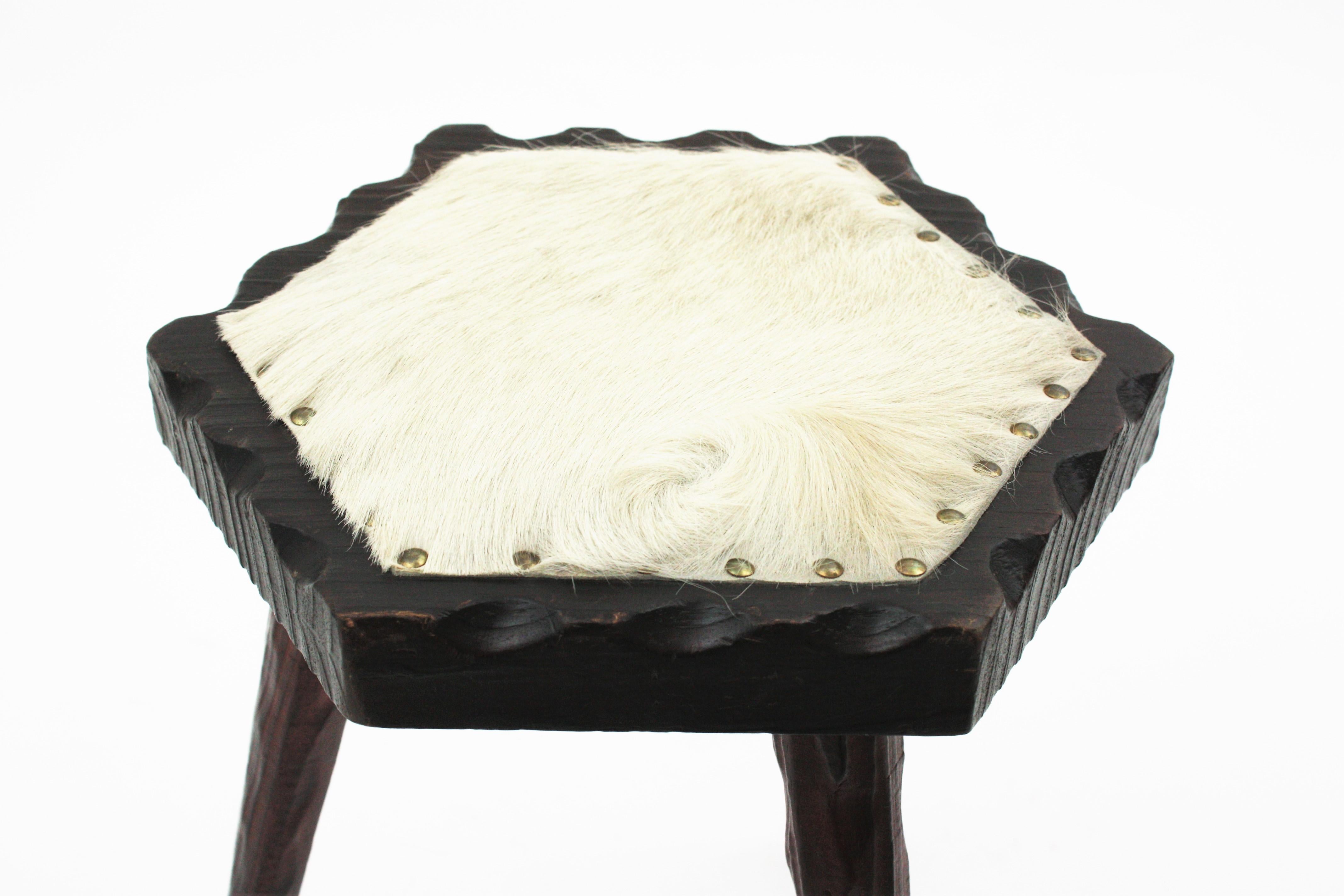 Spanish Colonial Hexagonal Tripod Stool in Wood and Fur  For Sale 1